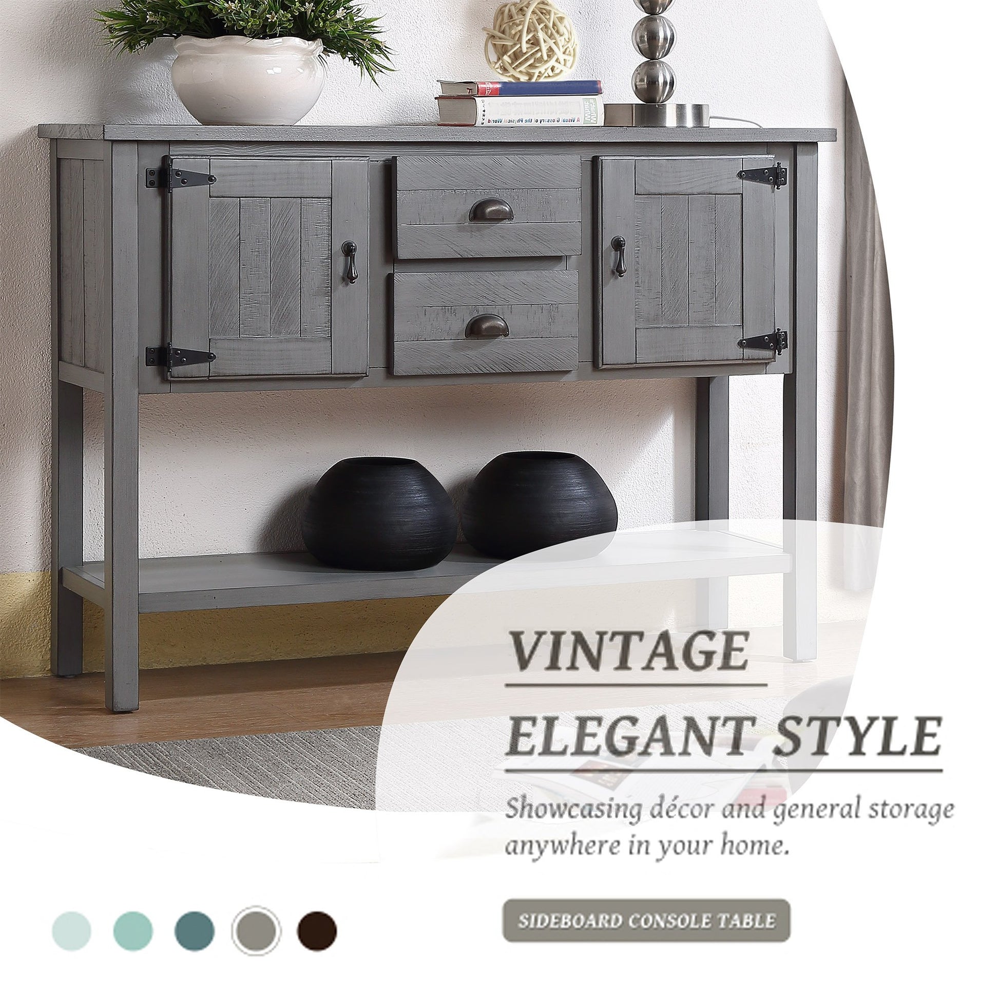 Gray wooden sideboard console table with two drawers and cabinet doors