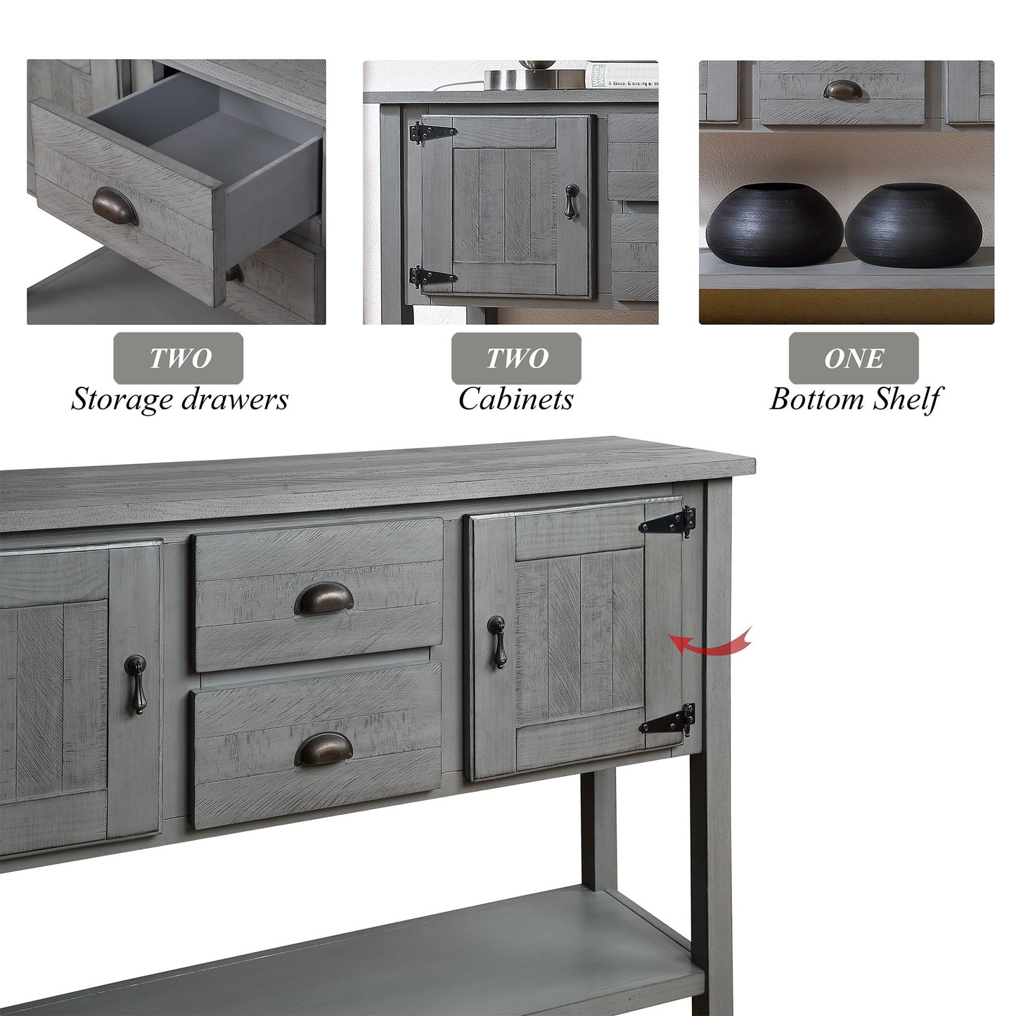 Gray wooden sideboard with two storage drawers and two cabinets