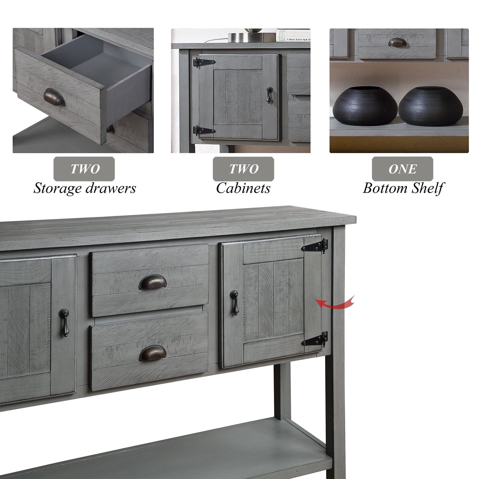 Gray wooden sideboard with two storage drawers and two cabinets