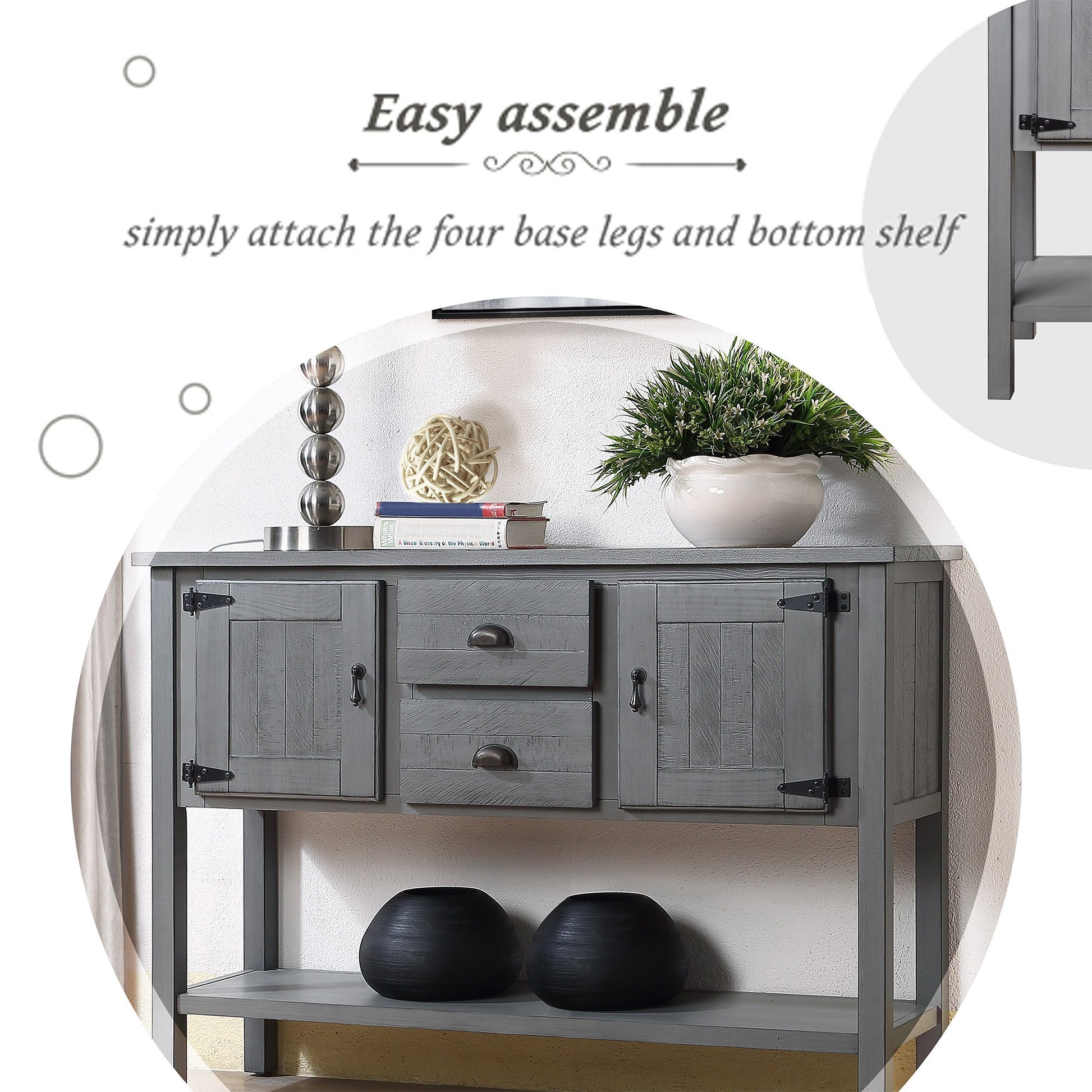Gray distressed wood sideboard with two doors and three drawers