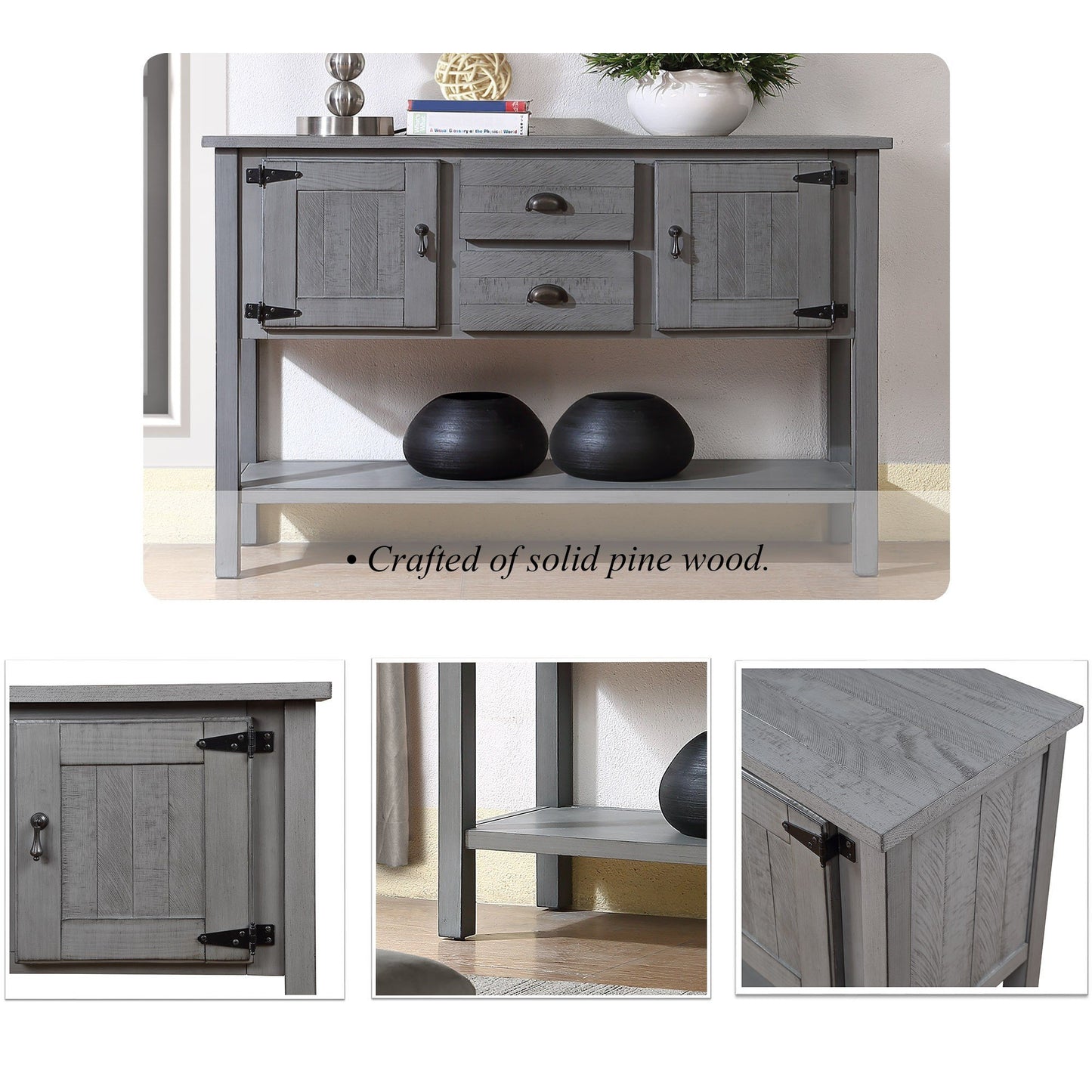 Gray farmhouse sideboard with two drawers and cabinet doors