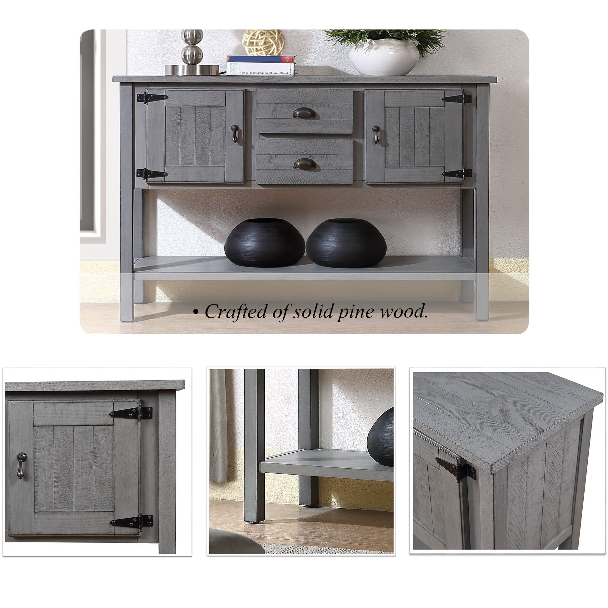 Gray farmhouse sideboard with two drawers and cabinet doors