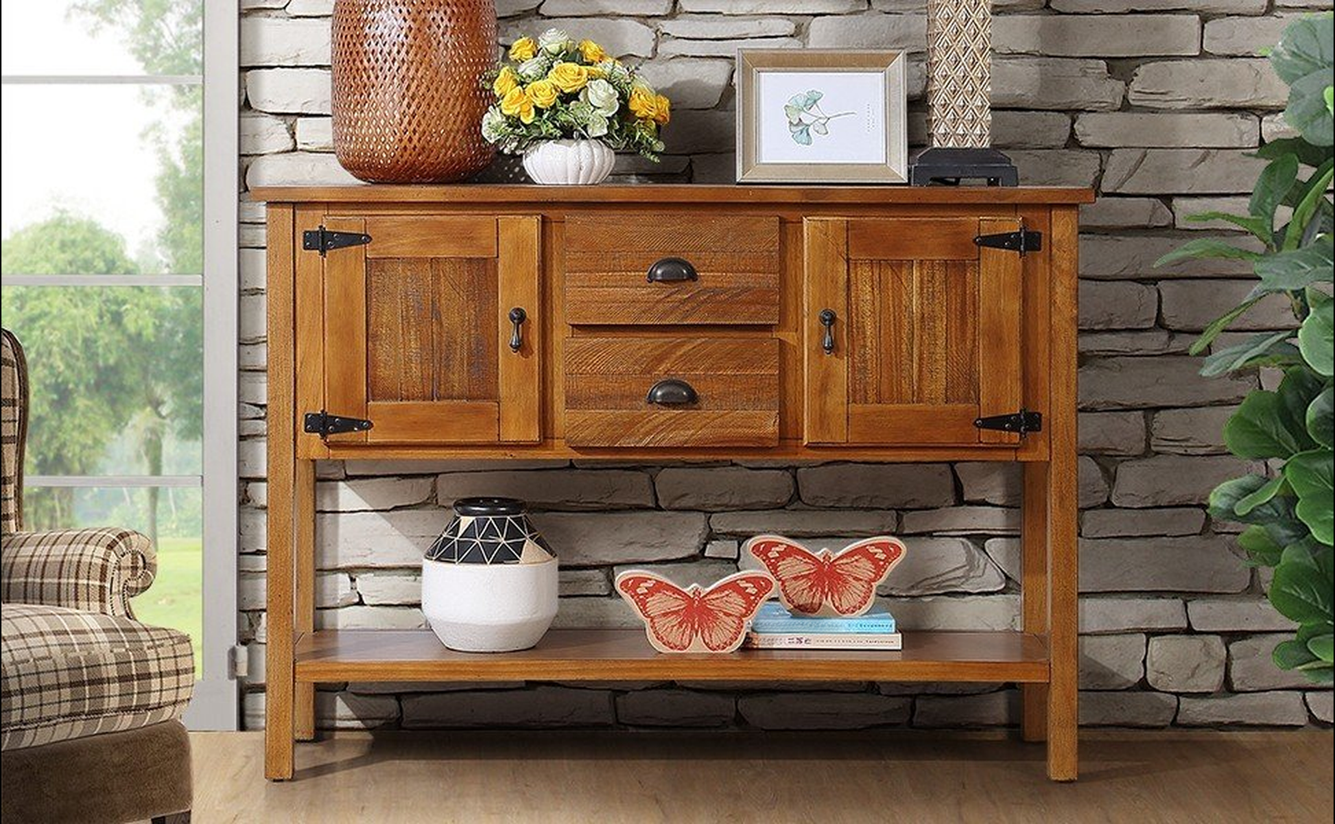 Rustic wood console table with two drawers and cabinet doors for storage