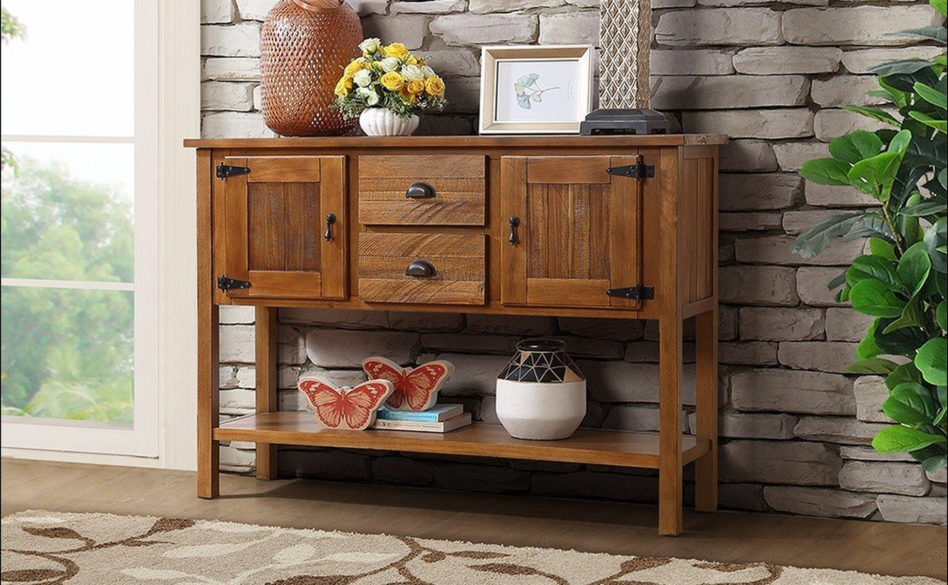 Rustic oak console table with two drawers and two cabinets