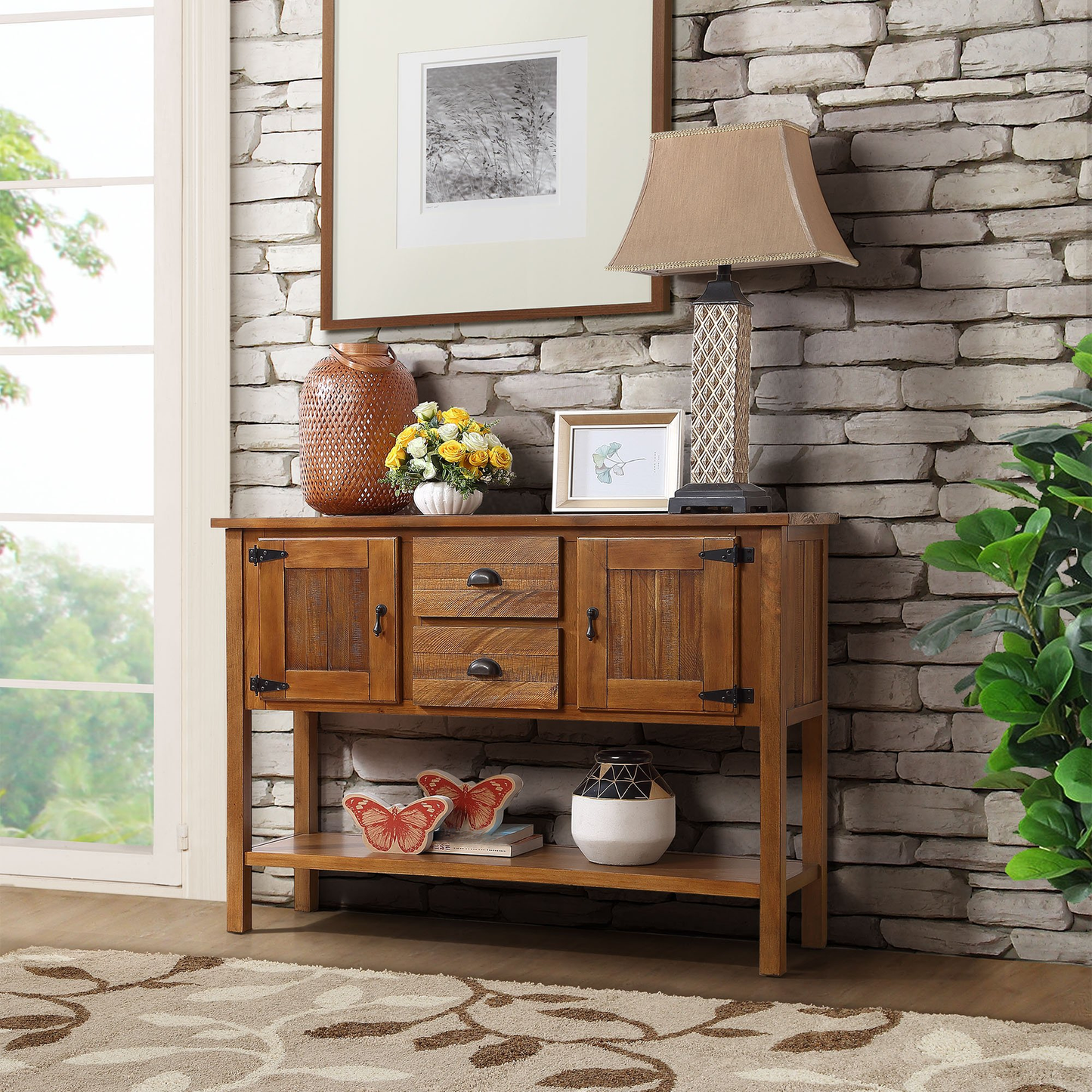 Rustic brown wooden console table with two drawers and cabinet doors