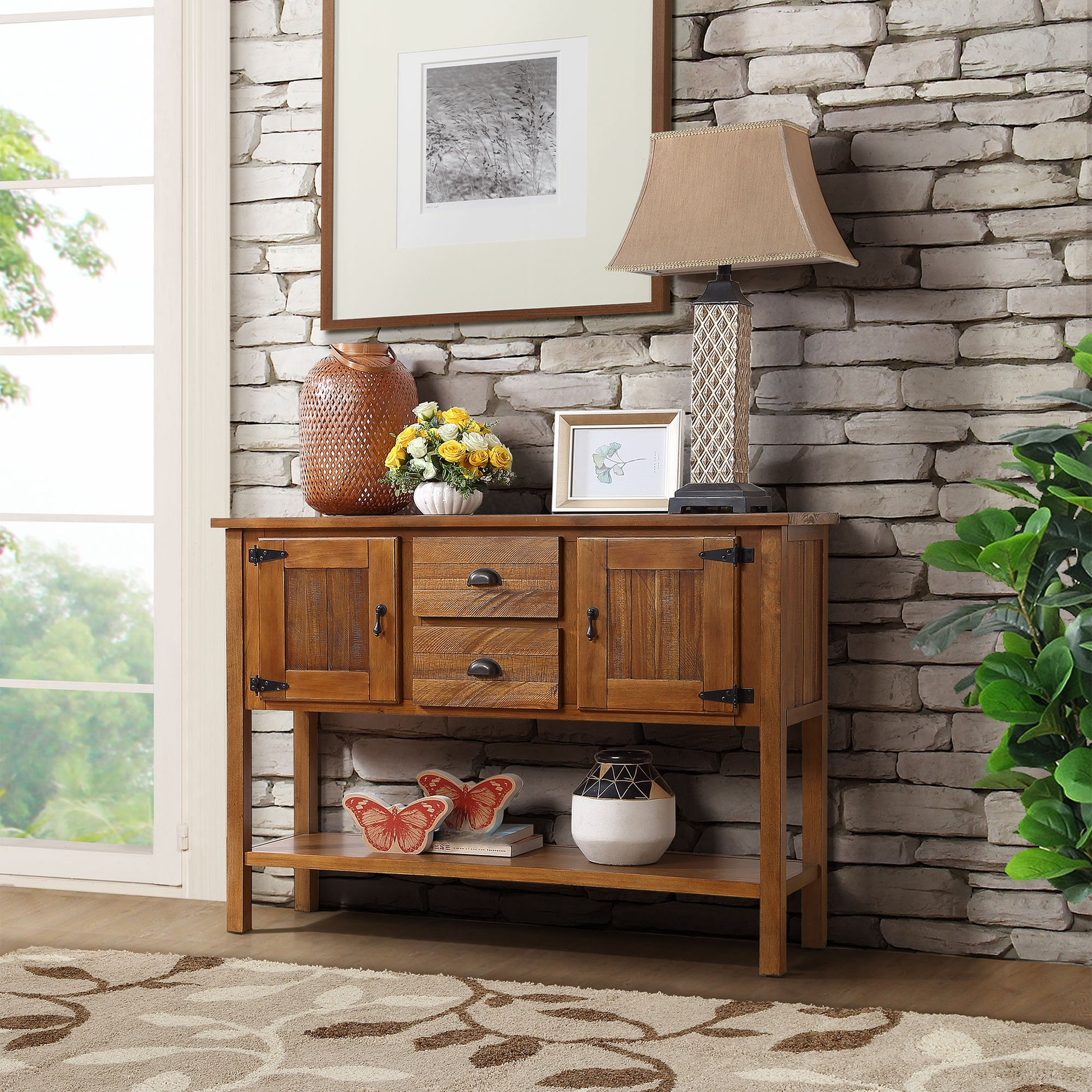Rustic brown wooden console table with two drawers and cabinet doors