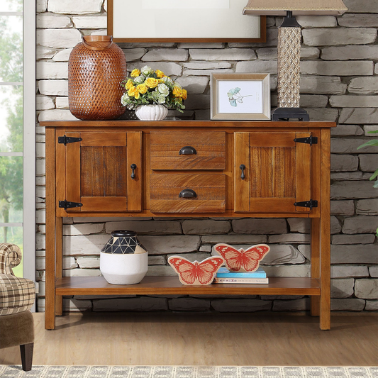 Rustic oak console table with two drawers and double cabinet doors