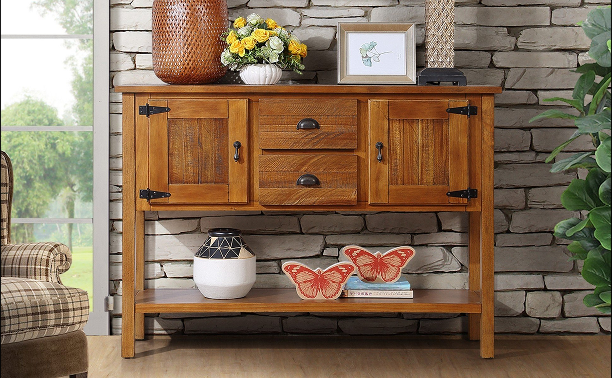 Rustic wood console table with two drawers and cabinet doors