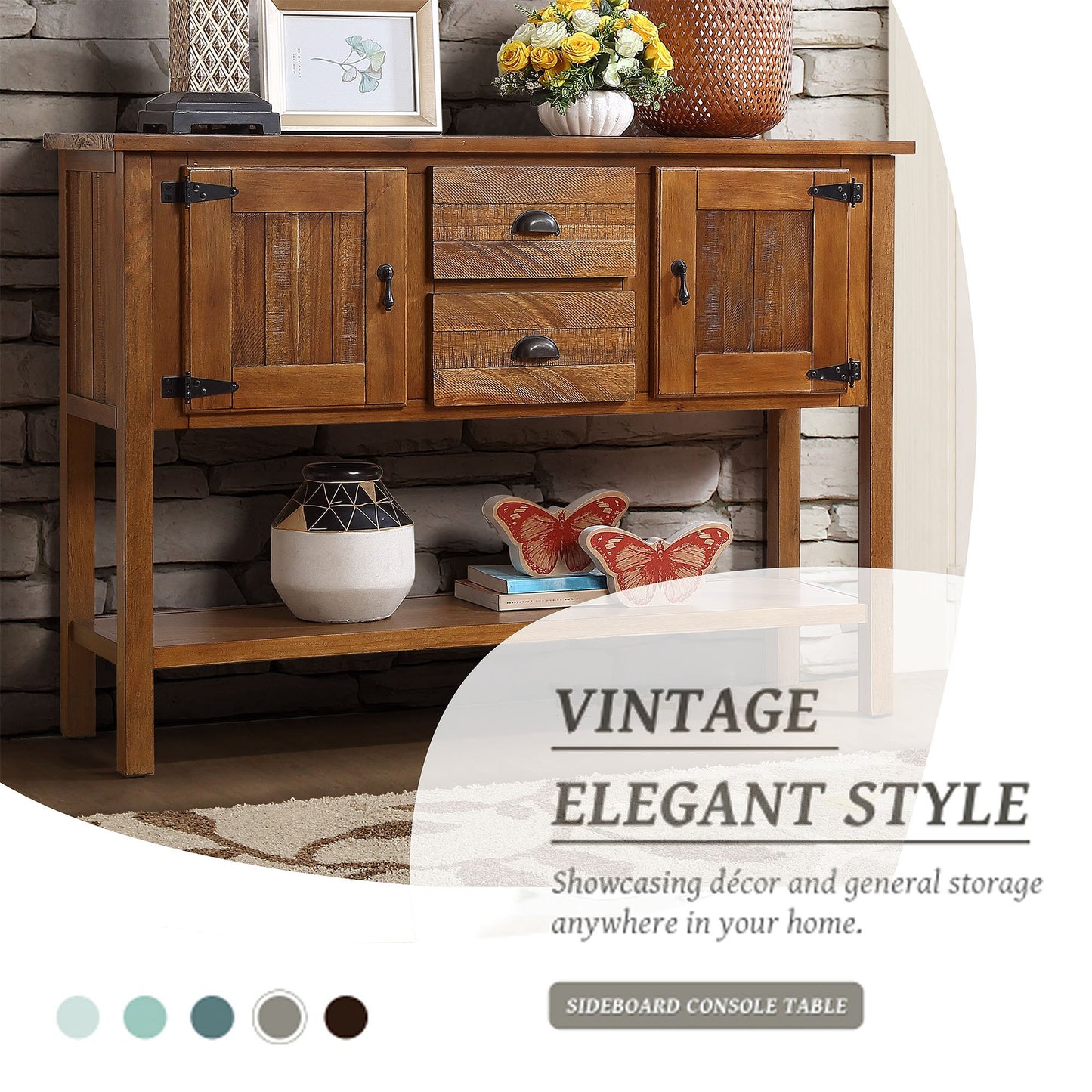 Rustic oak wood sideboard console table with two drawers and two cabinet doors