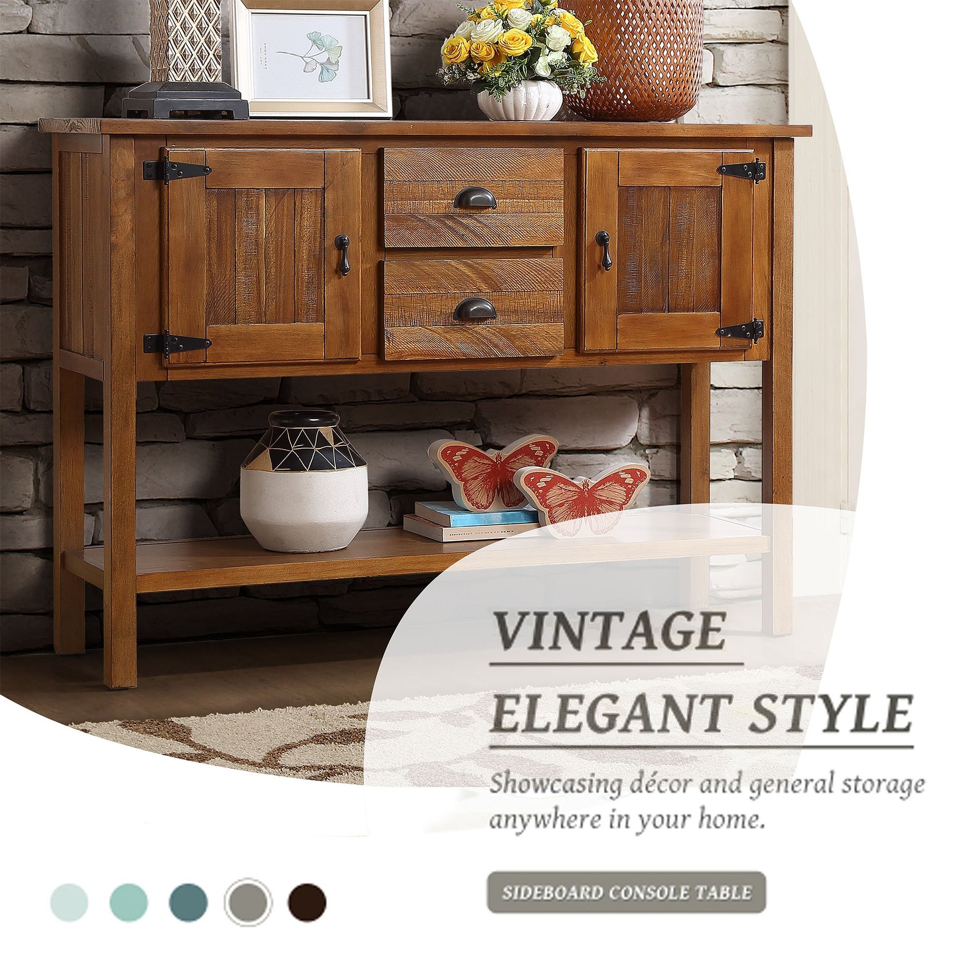 Rustic oak wood sideboard console table with two drawers and two cabinet doors