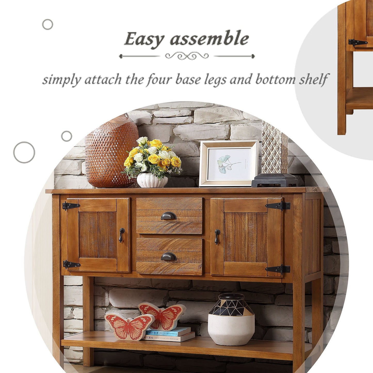 Solid wood console table with distressed wood finish and dark hardware