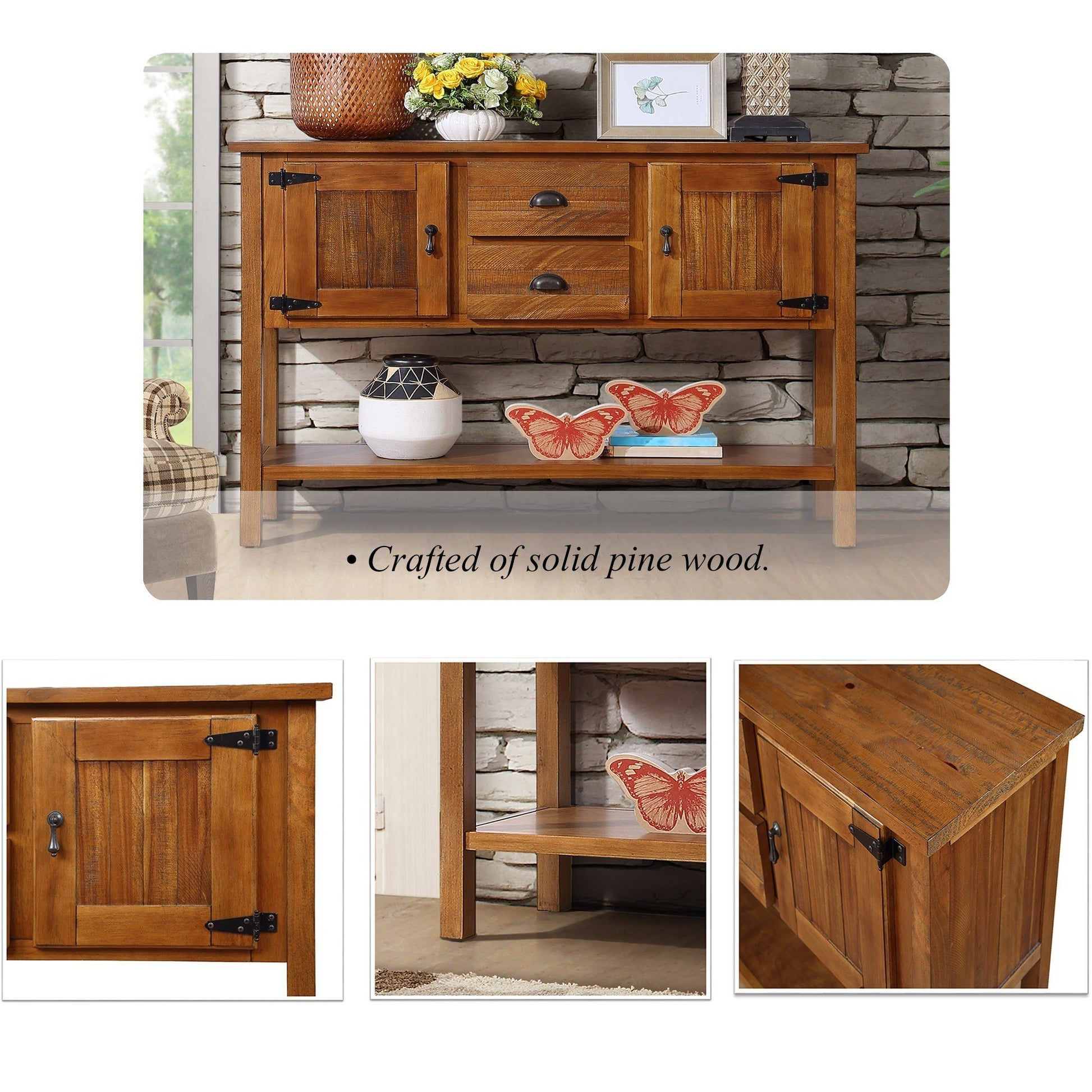 Rustic pine wood sideboard with two drawers and two cabinet doors