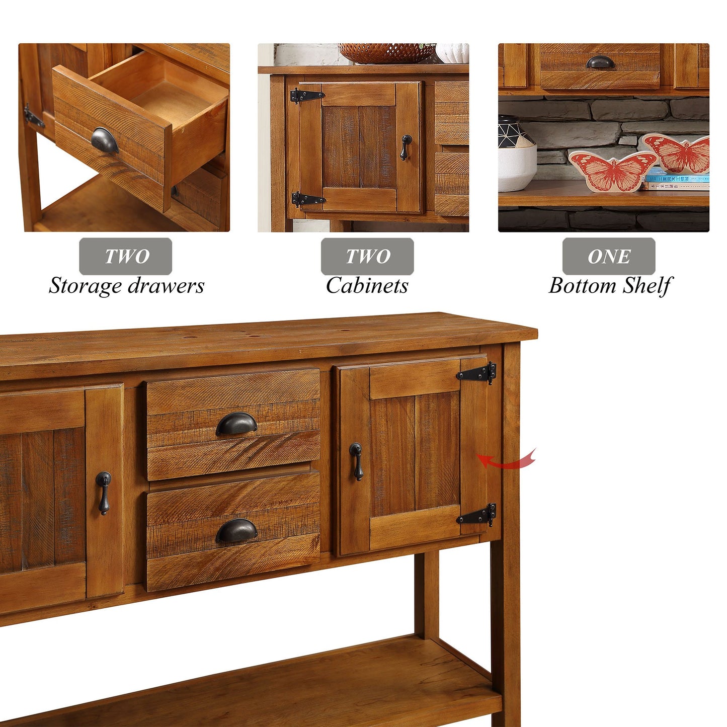 Rustic brown wood sideboard with four drawers and two cabinet doors