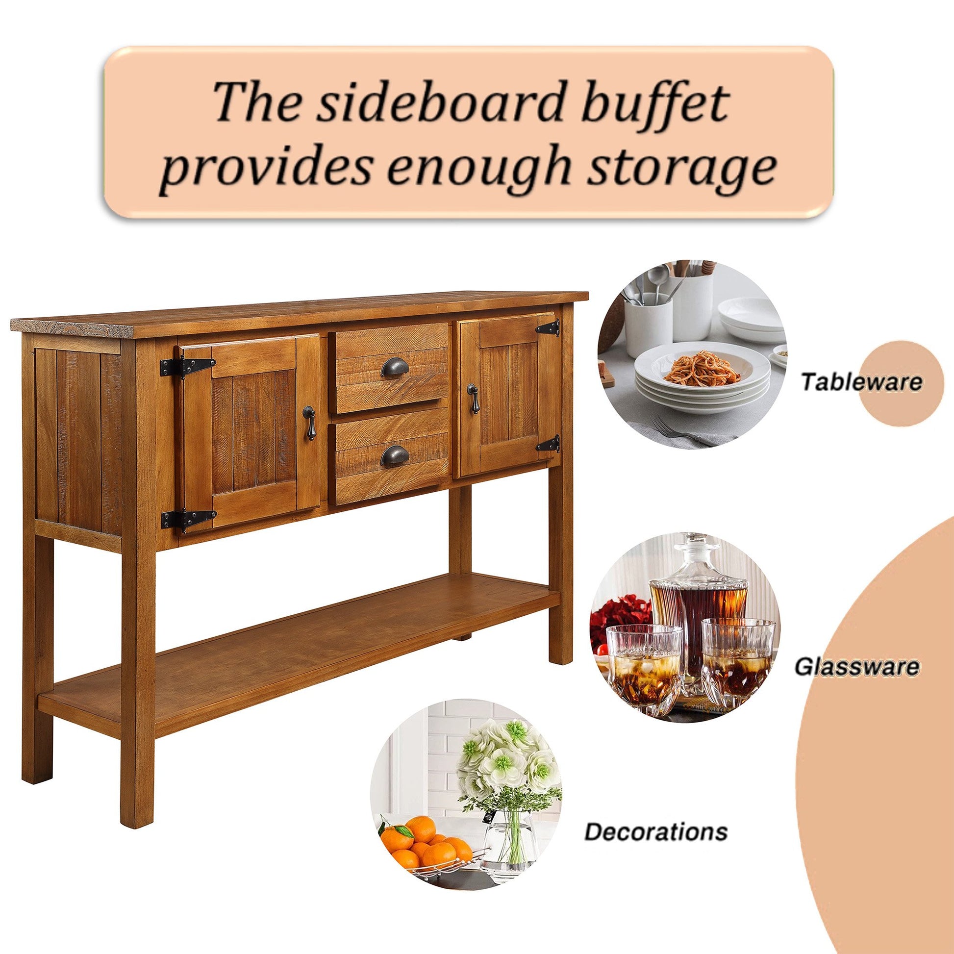 Rustic wood buffet sideboard with two drawers and two cabinet doors for ample storage