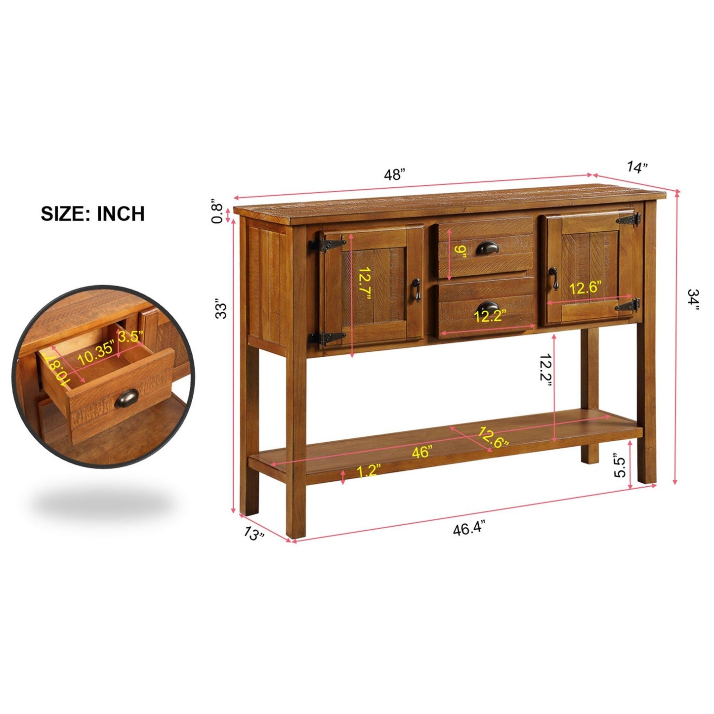 Rustic oak wood sideboard with three drawers and two cabinets