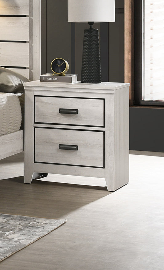 Twodrawer distressed white nightstand with black hardware and a modern design