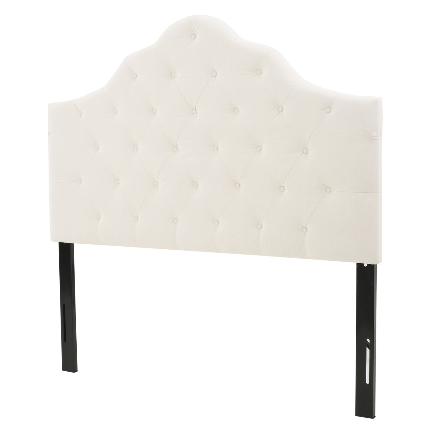 Cream upholstered tufted headboard with black legs