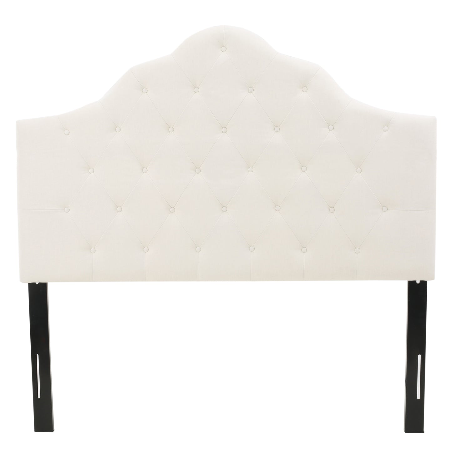 Cream tufted headboard with curved top and black legs