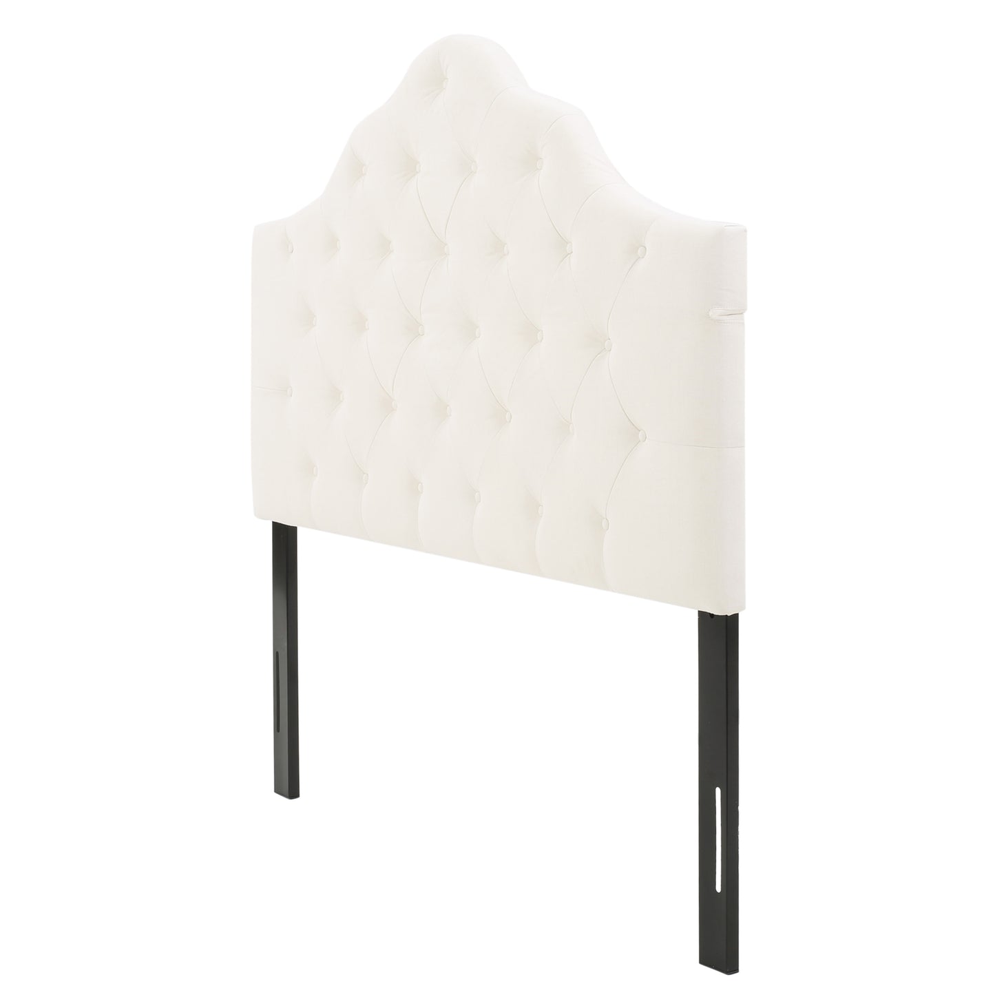 Cream velvet arched headboard with diamond tufting and dark wooden legs