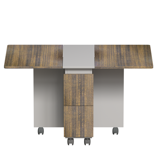 Brown wood grain extendable dining table with gray metal accents and wheels