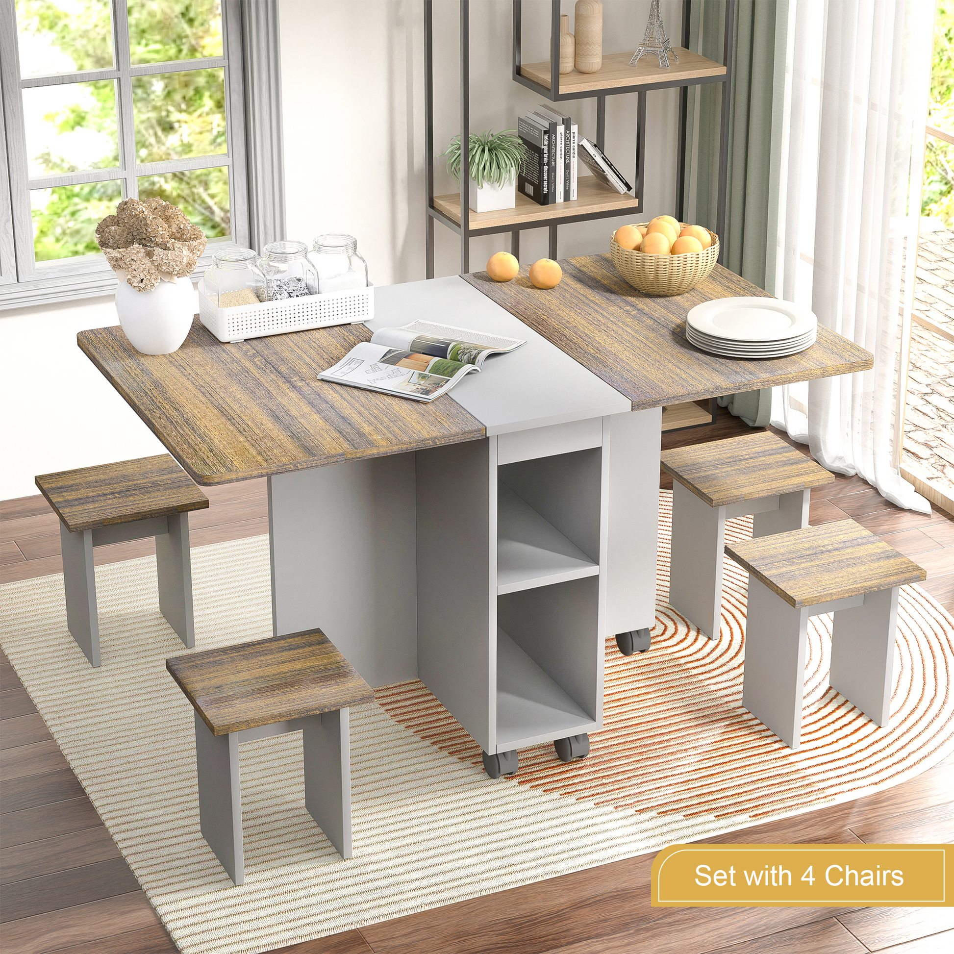 Compact dining set with woodgrain tabletop and four stools