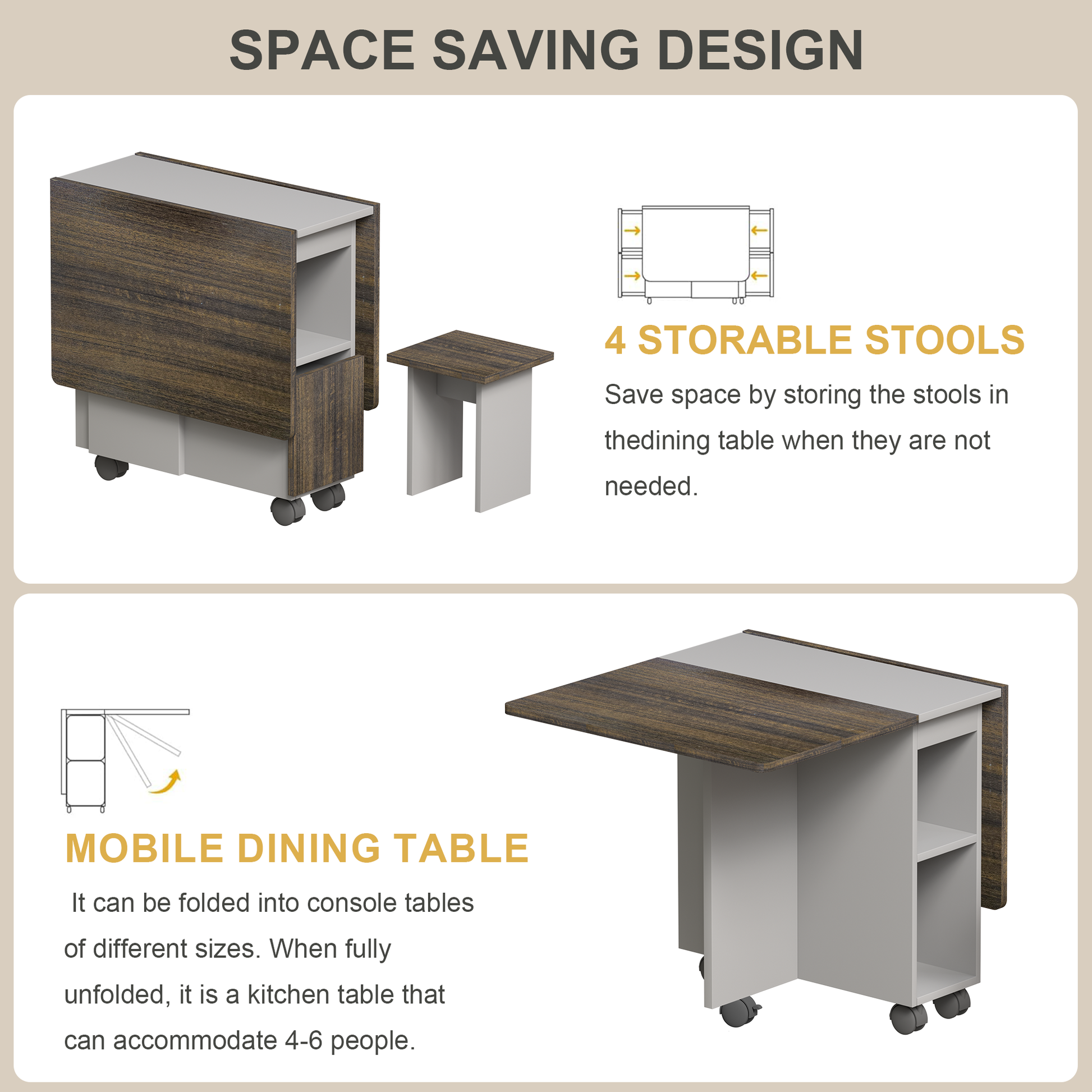 Spacesaving drop leaf dining table with casters and storage