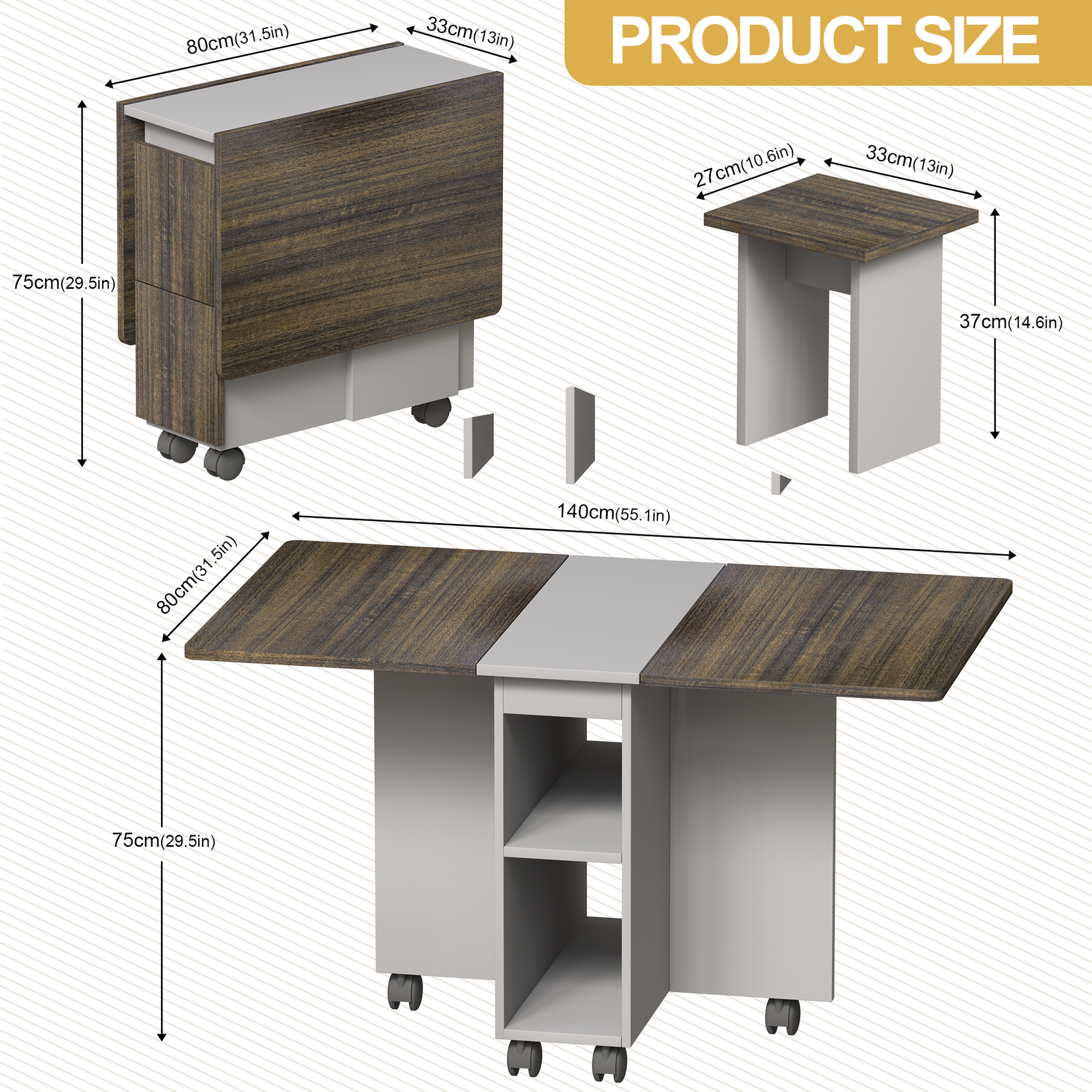 Compact drop leaf dining table with walnut finish and storage shelves