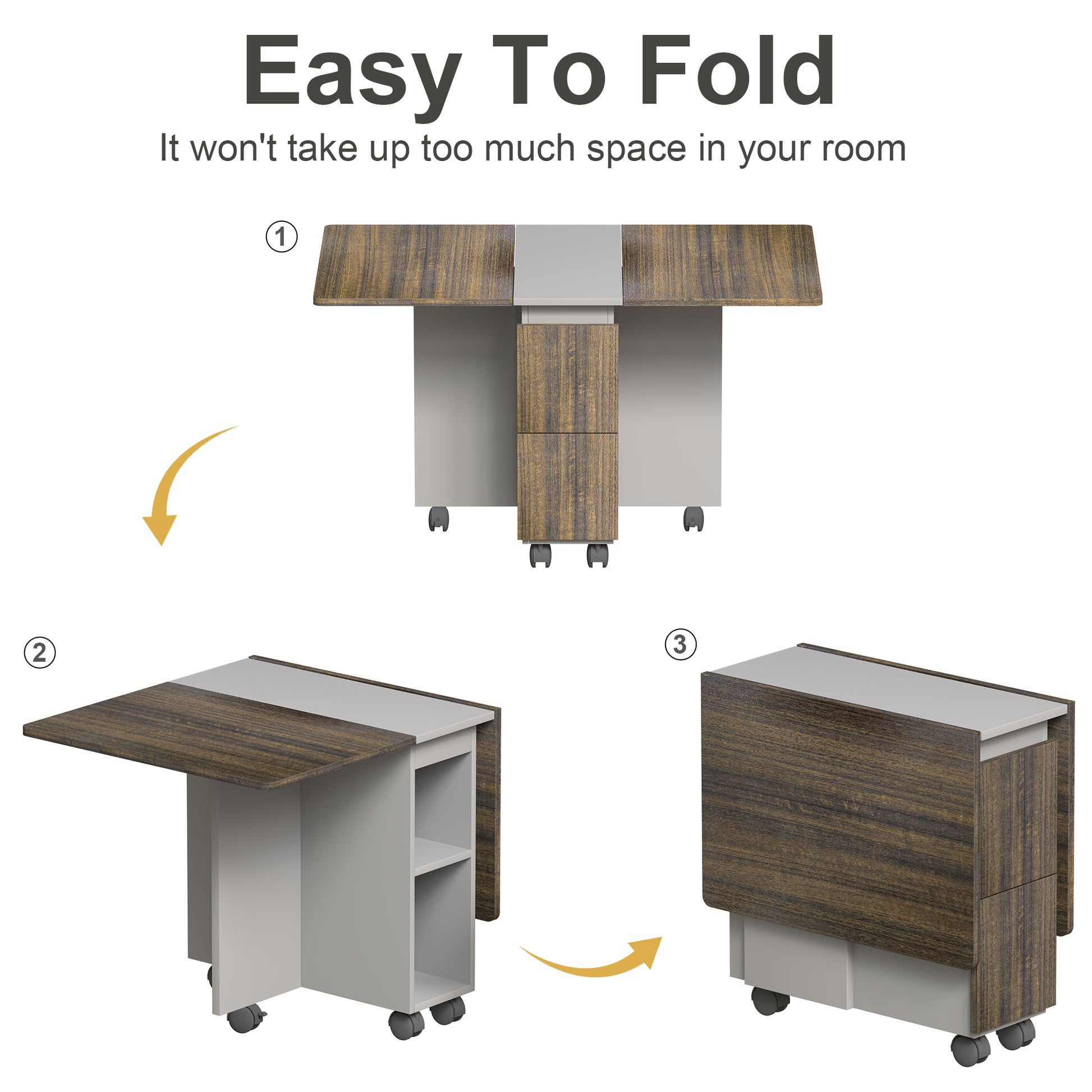 Compact folding dining table with woodgrain finish and wheels