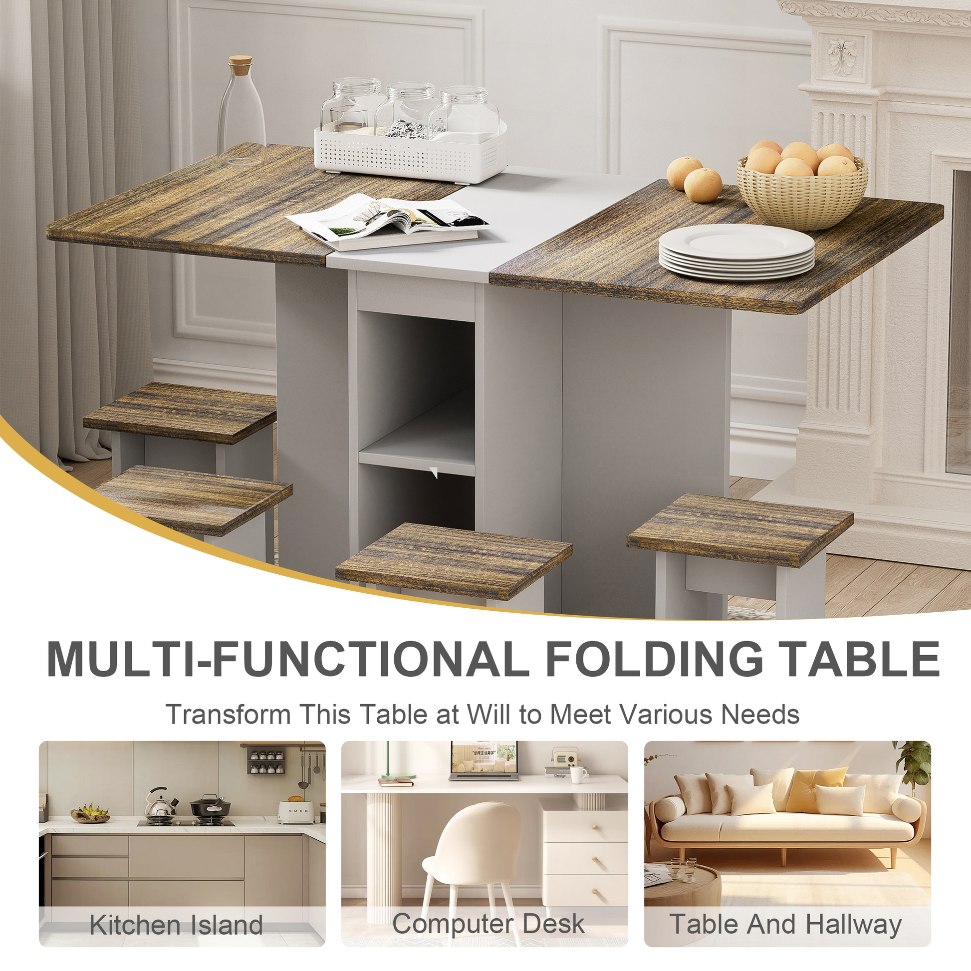 A modern folding dining table with woodgrain top and four hidden stools