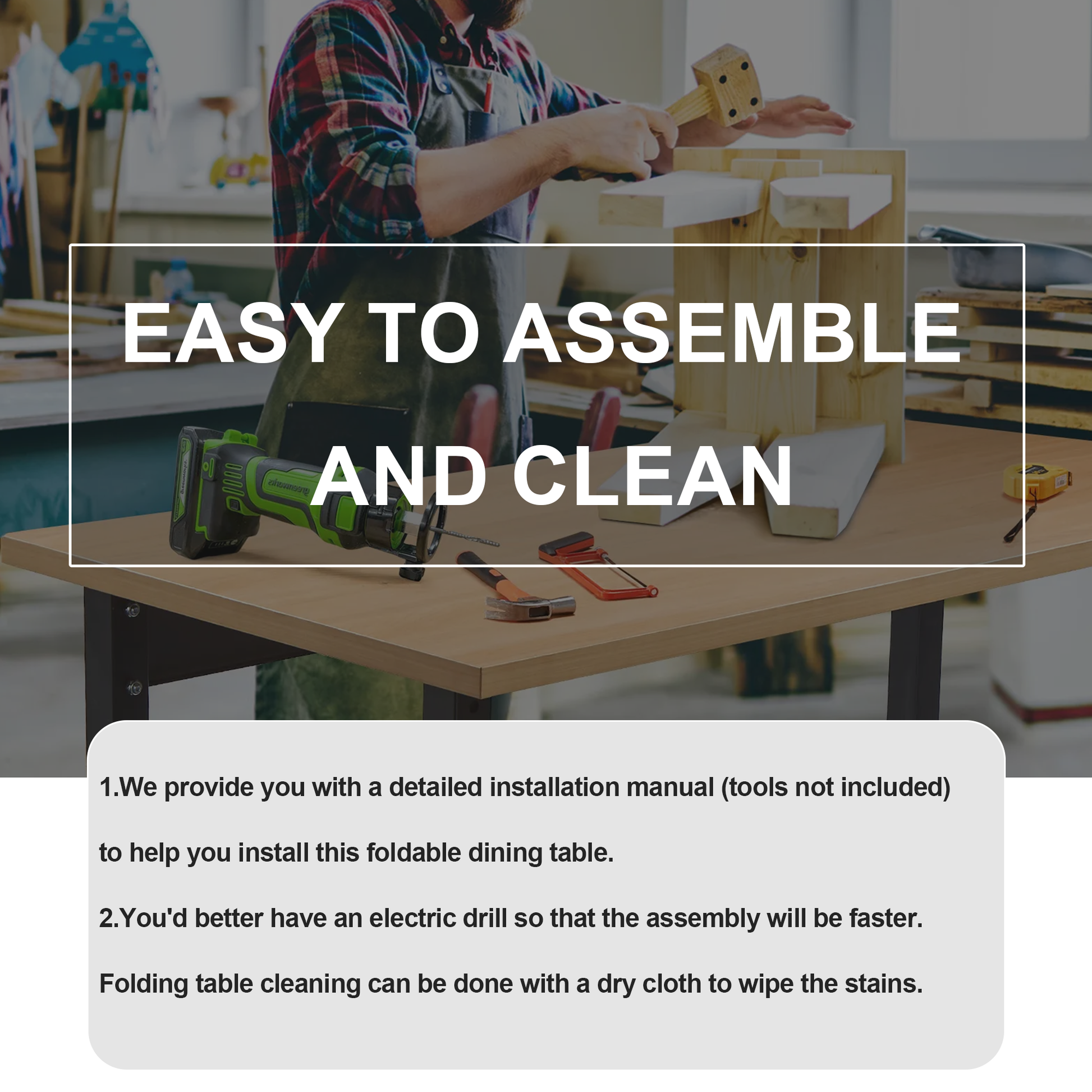 Woodworker assembling a foldable dining table with tools and drill