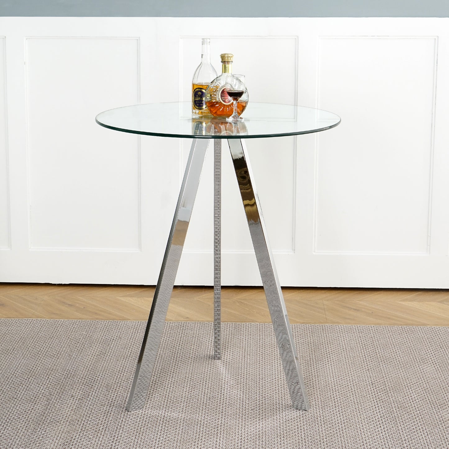 Modern glass bar table with chrome tripod base