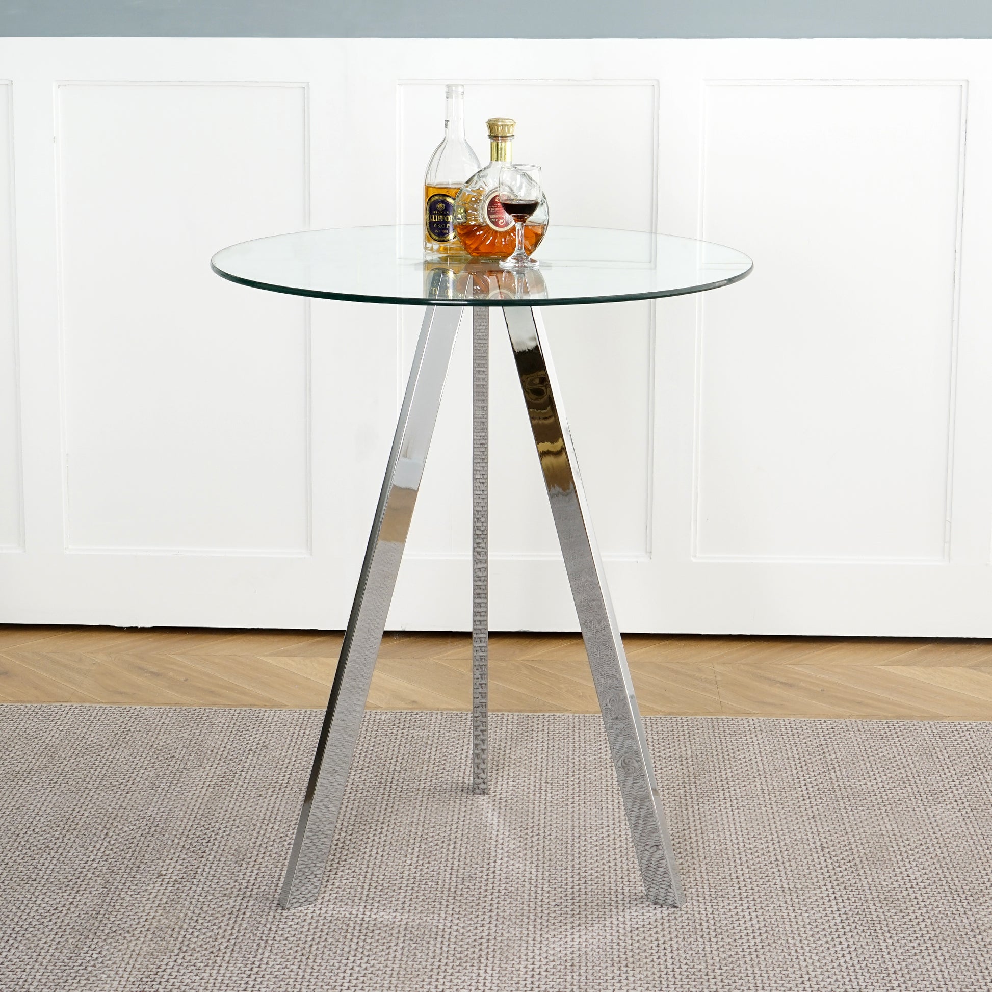 Modern glass bar table with chrome tripod base