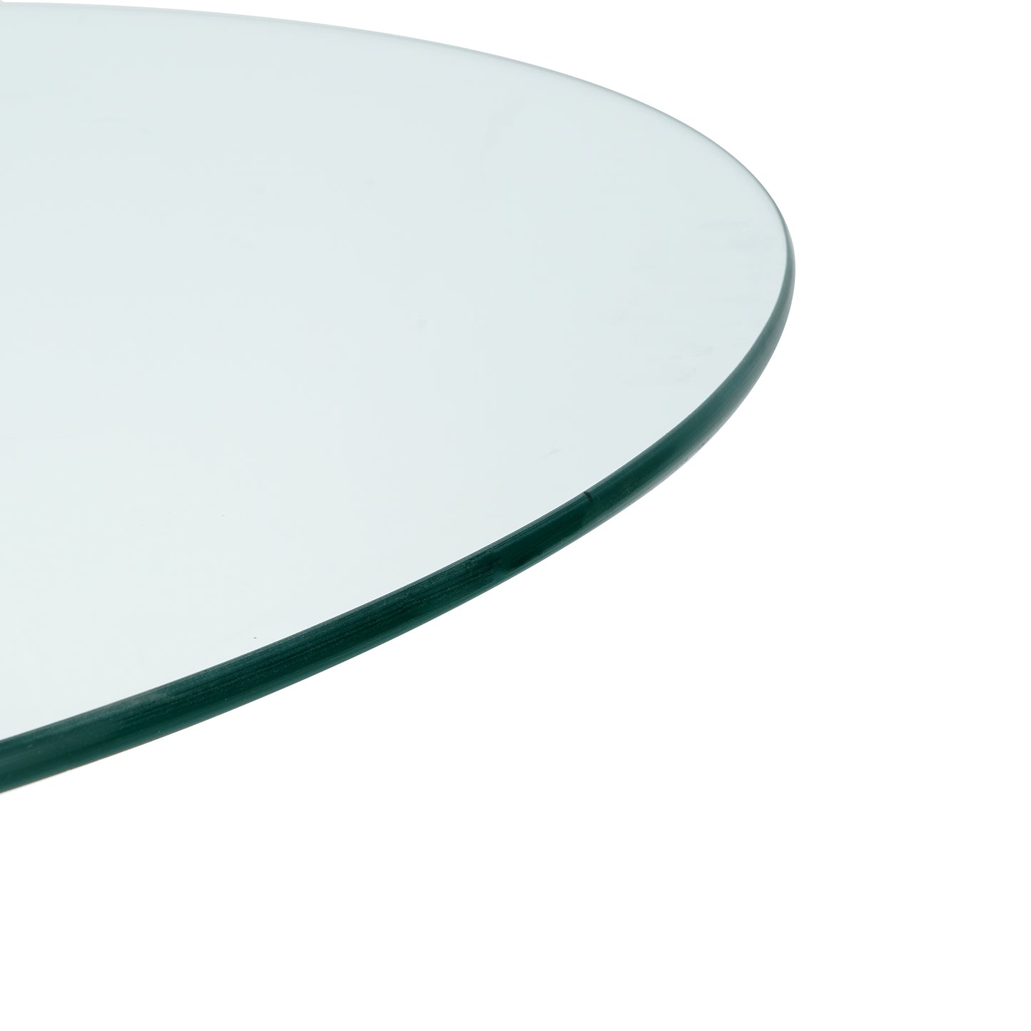 Clear round glass tabletop with polished edge detail