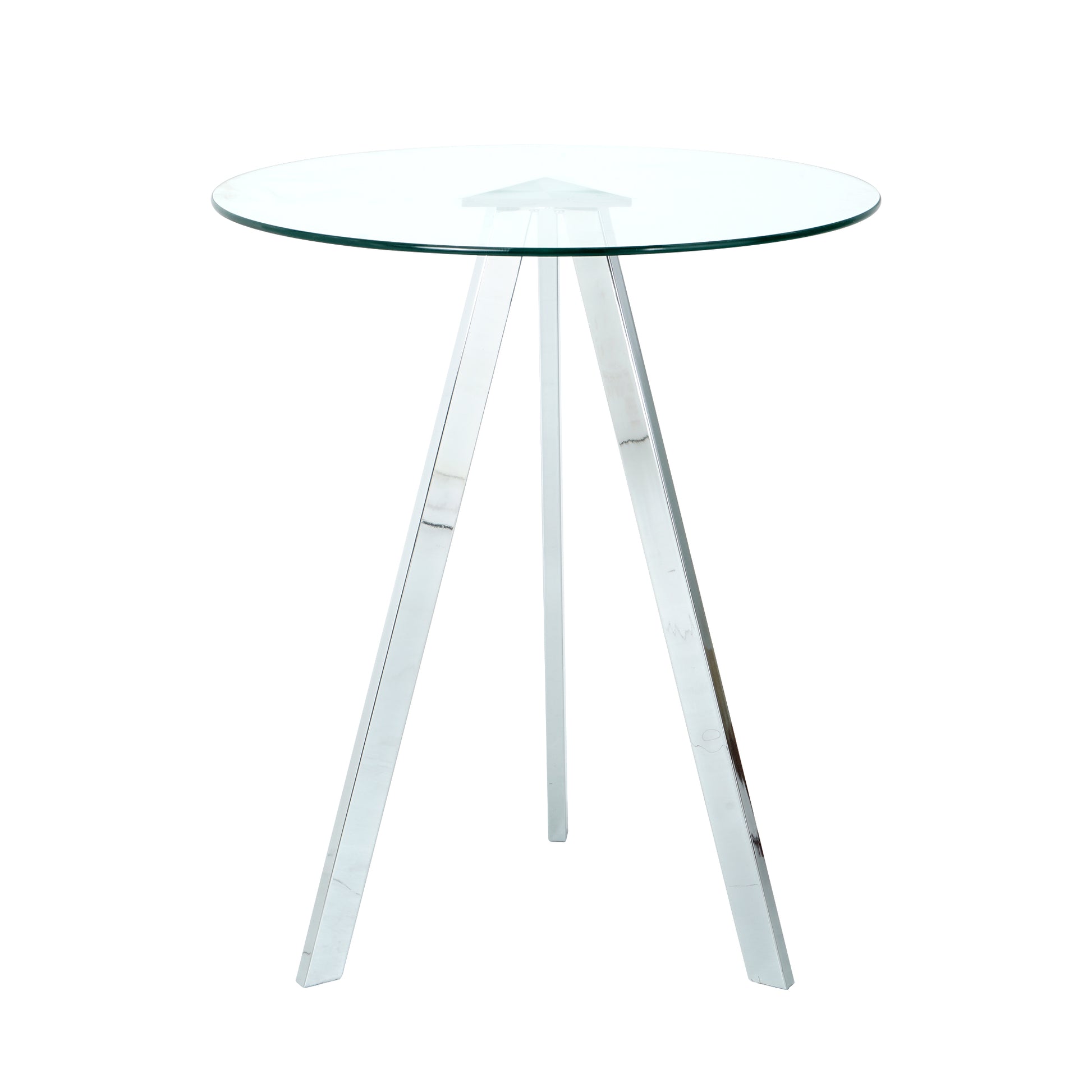 Round glass top table with polished chrome tripod legs