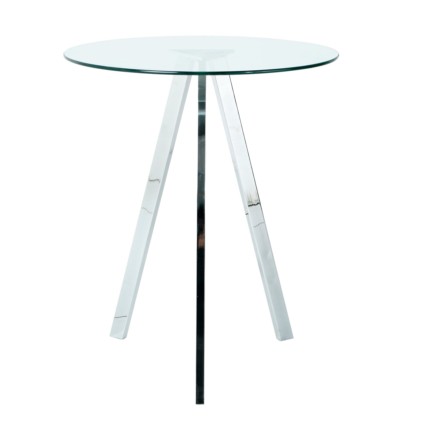 Round glass side table with chrome tripod base