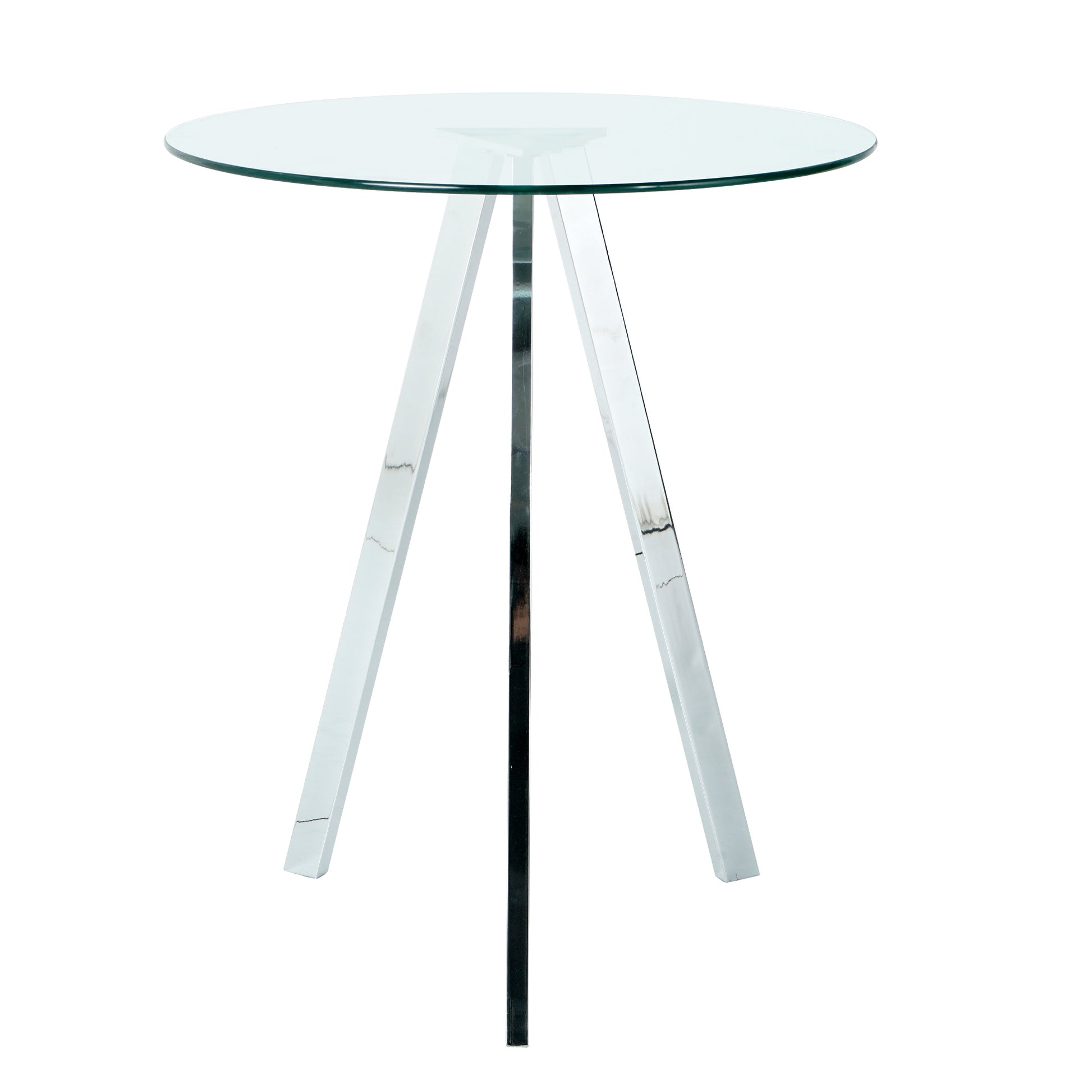 Round glass side table with chrome tripod base