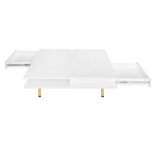 White coffee table with extended drawers and gold legs