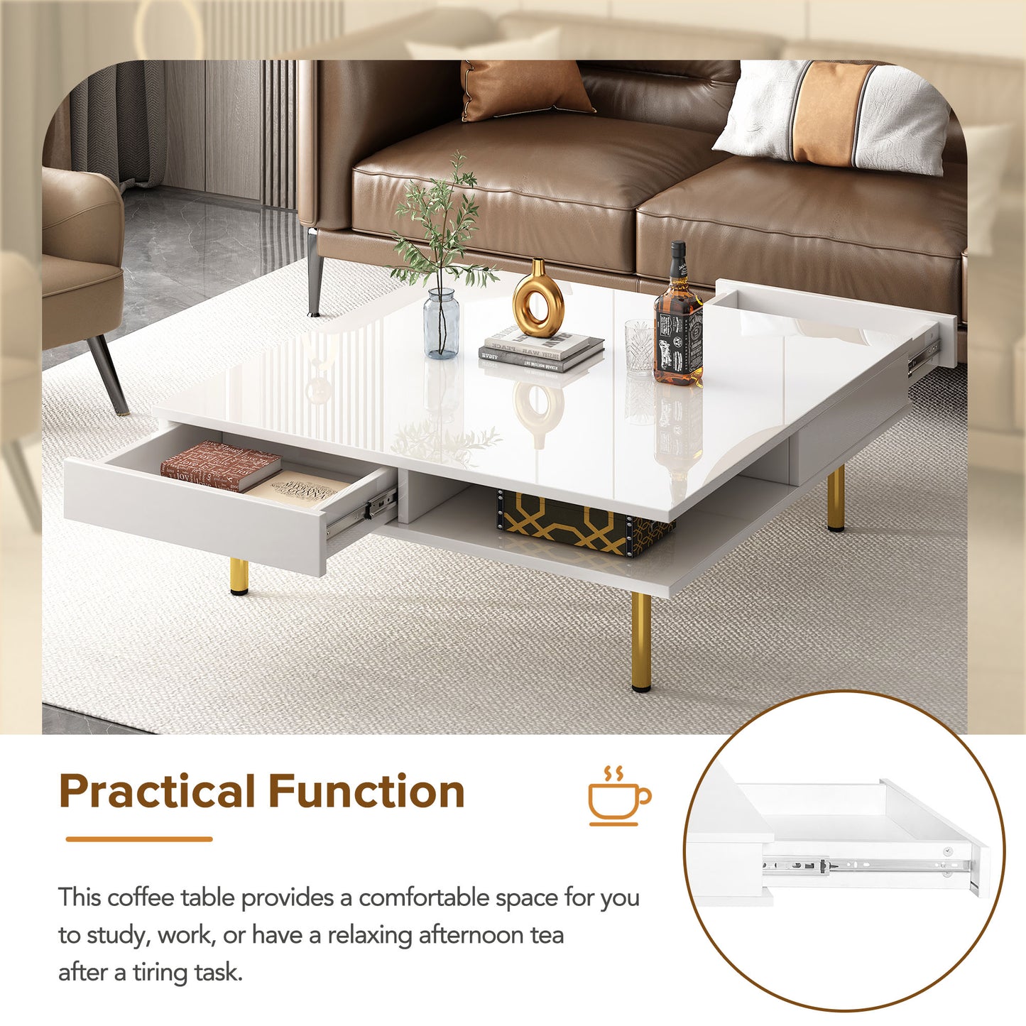 Glossy white square coffee table with gold legs and open drawer revealing books