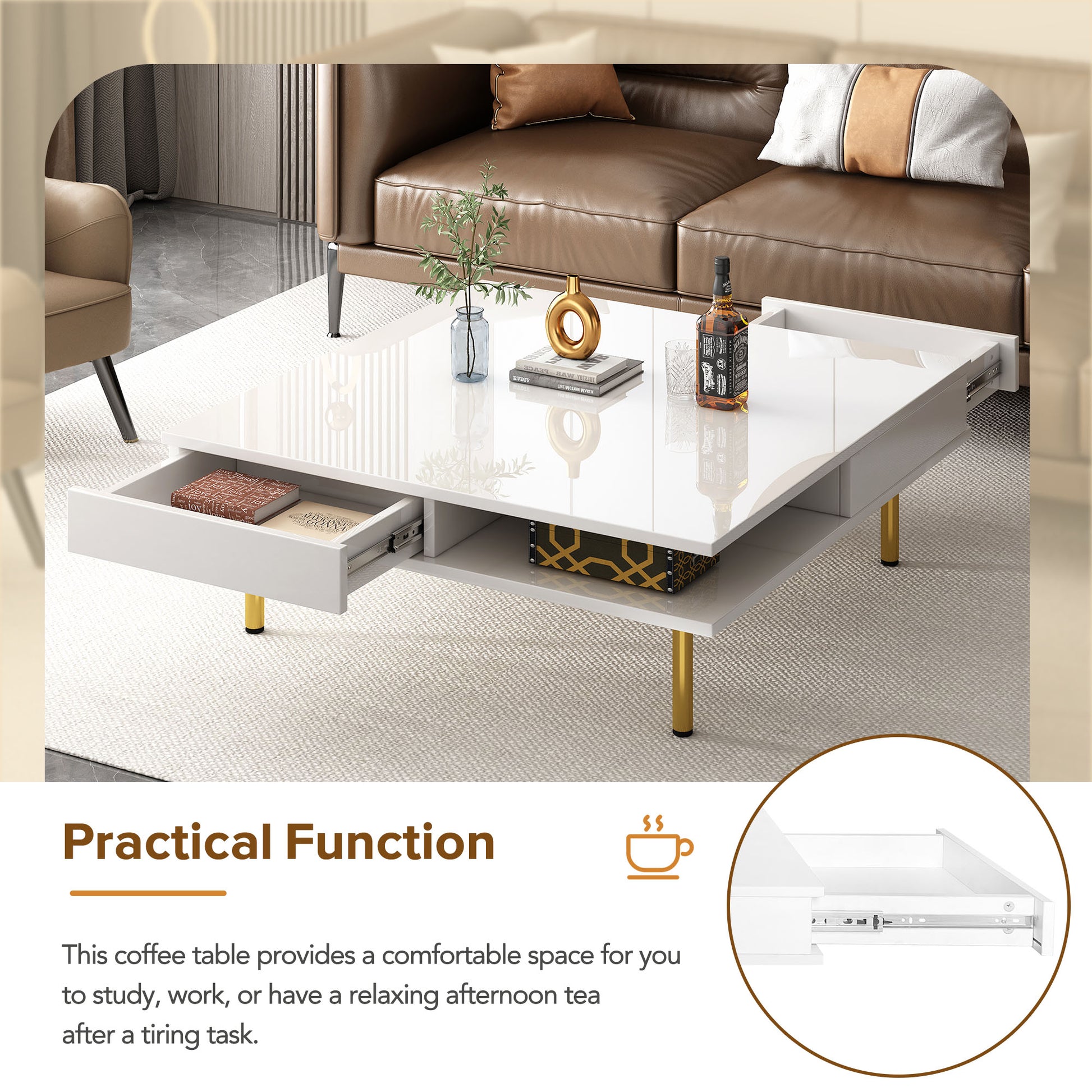Glossy white square coffee table with gold legs and open drawer revealing books