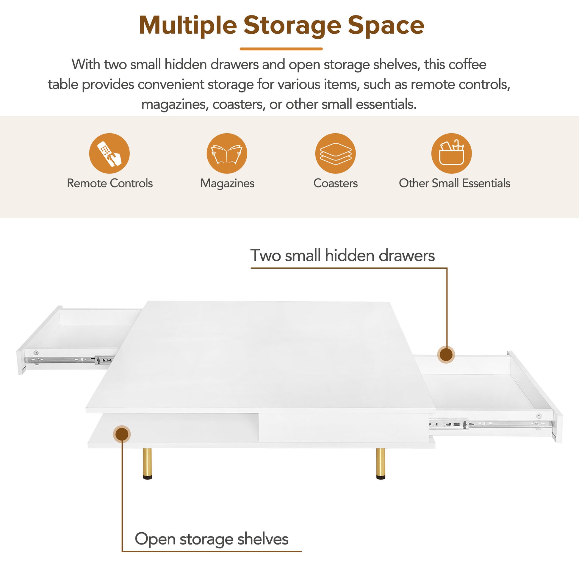 Modern white coffee table with two hidden drawers and open storage shelves for living room organization