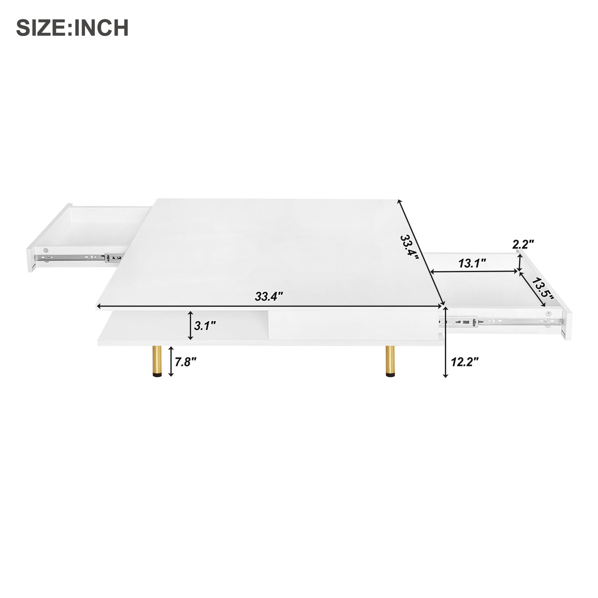 White modern coffee table with one extended drawer gold legs  width