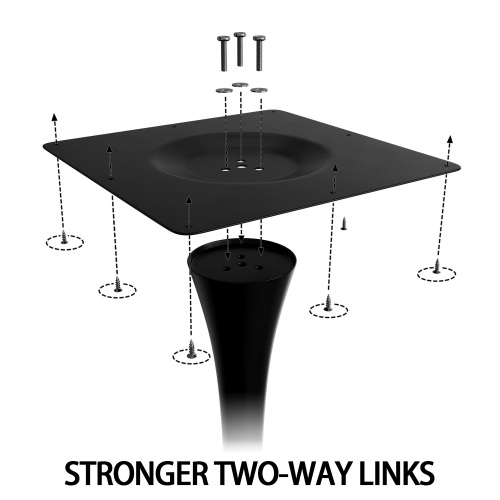 Black metal table base mounting plate and screws for assembly