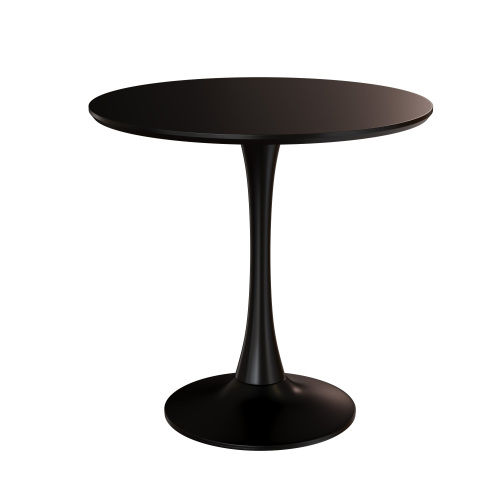 Black round dining table with a pedestal base