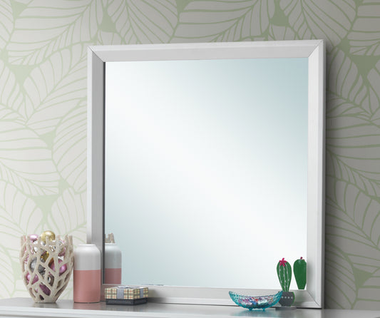 Rectangular bathroom mirror with a clean white frame