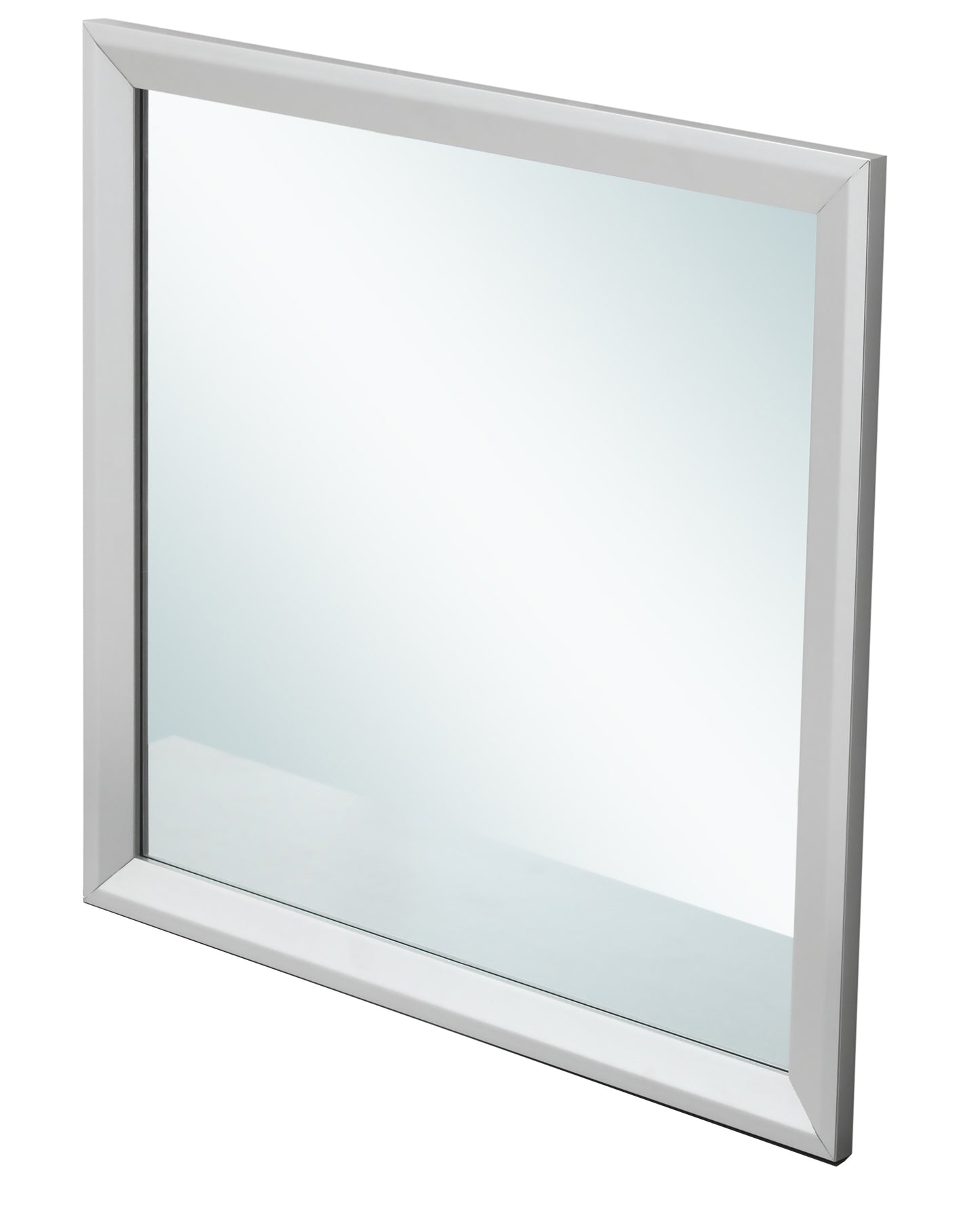 Modern silver framed bathroom mirror with beveled glass