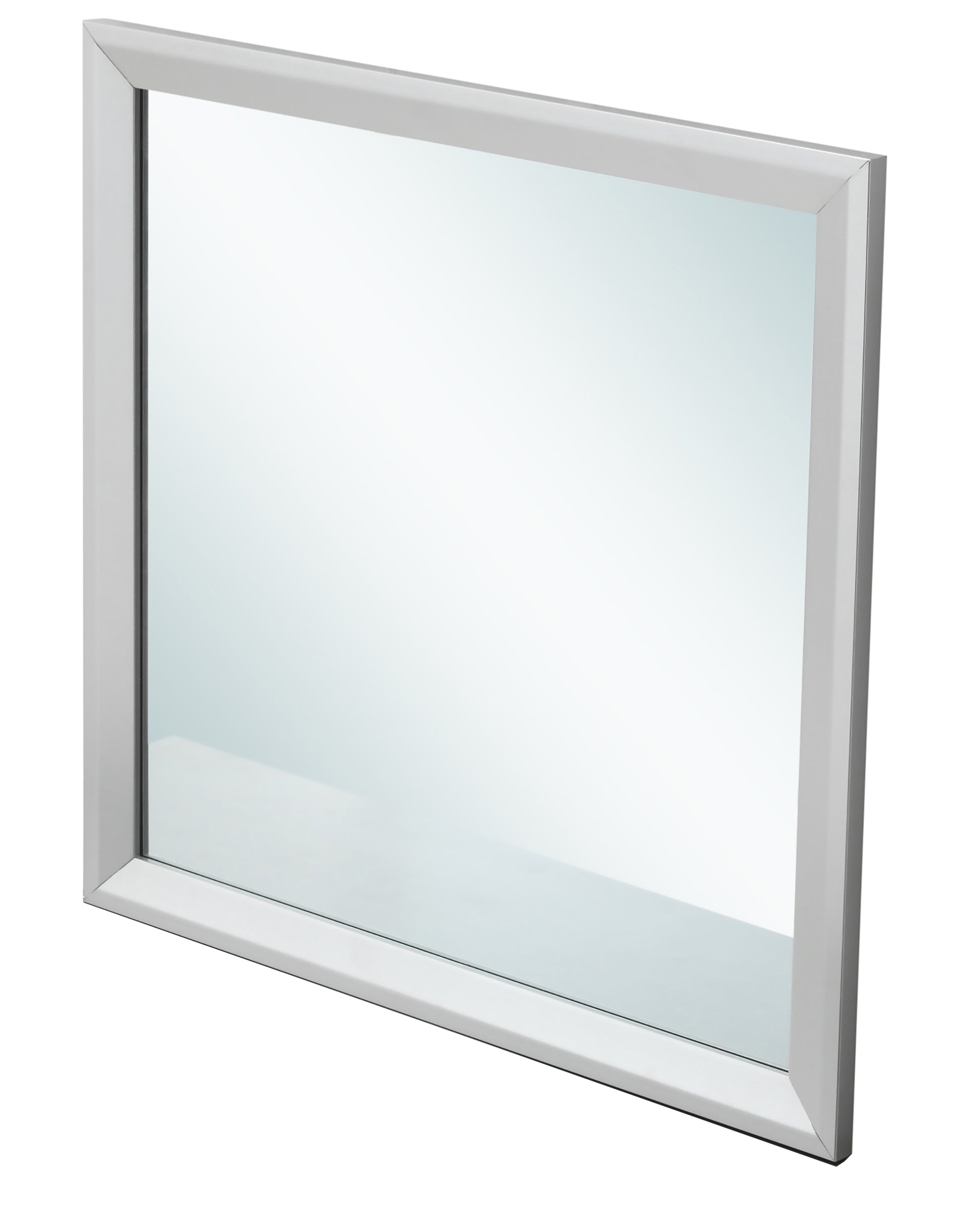 Modern silver framed bathroom mirror with beveled glass