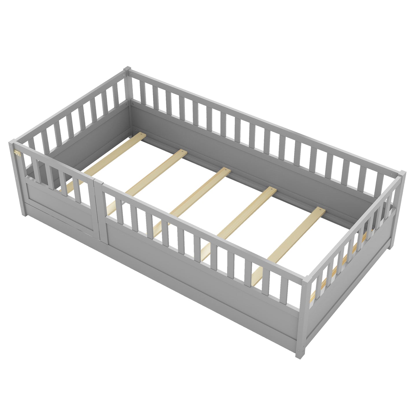 Gray wooden toddler bed frame with safety rails and slatted base