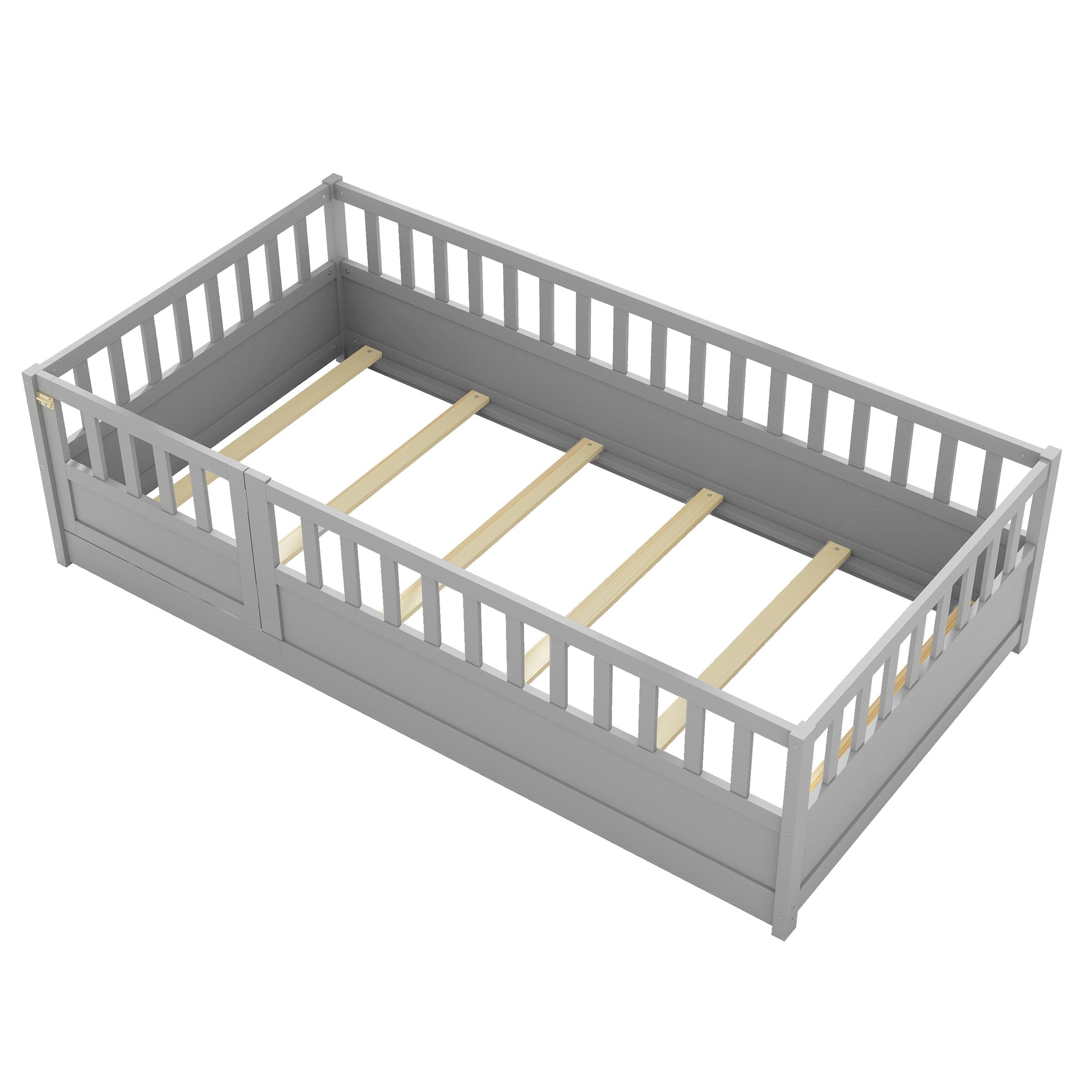 Gray wooden toddler bed frame with safety rails and slatted base