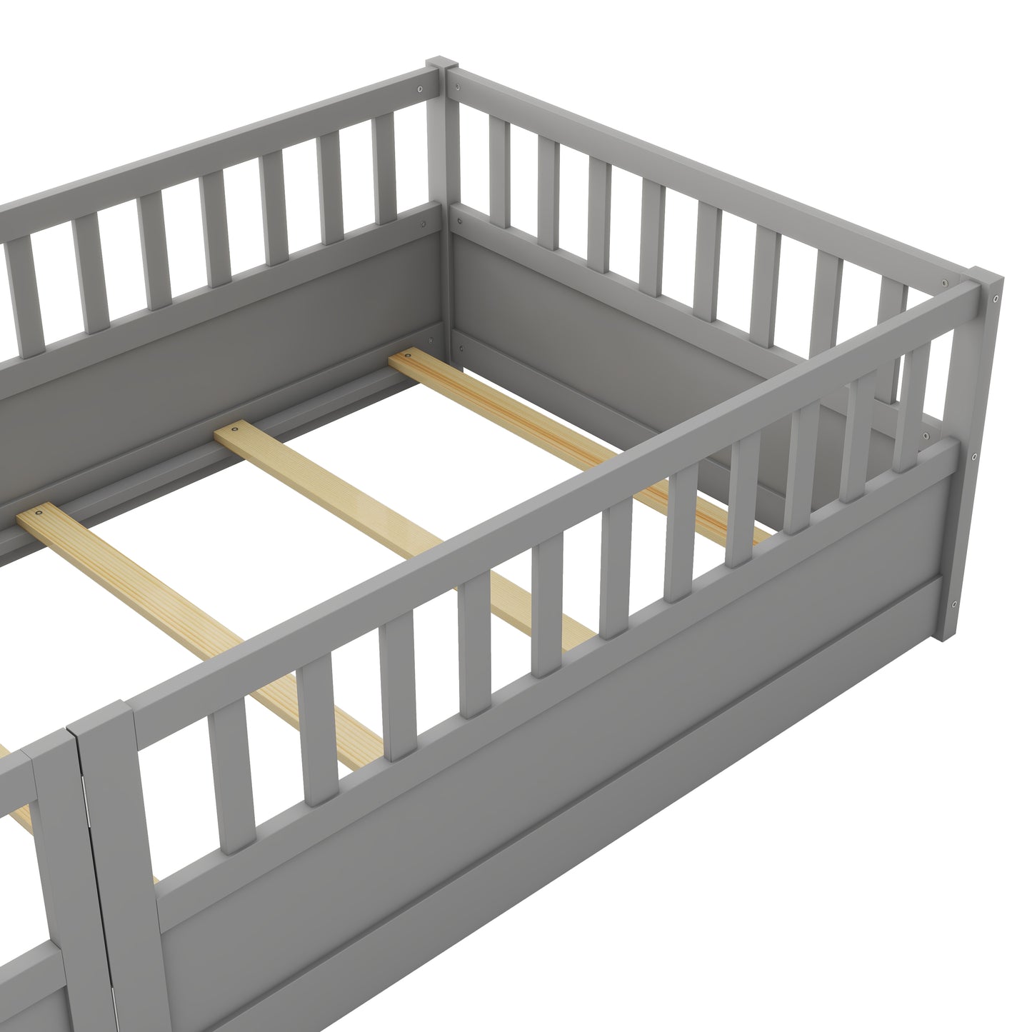 Gray toddler bed frame with safety rails and wooden slats