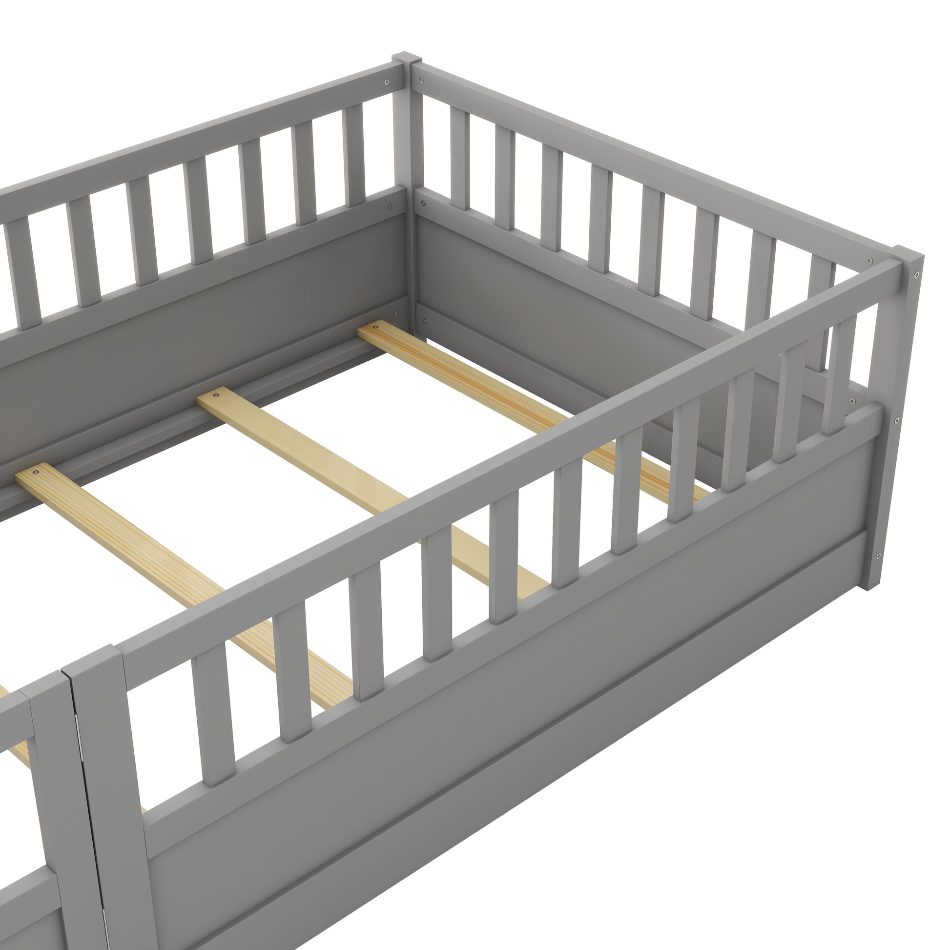 Gray toddler bed frame with safety rails and wooden slats